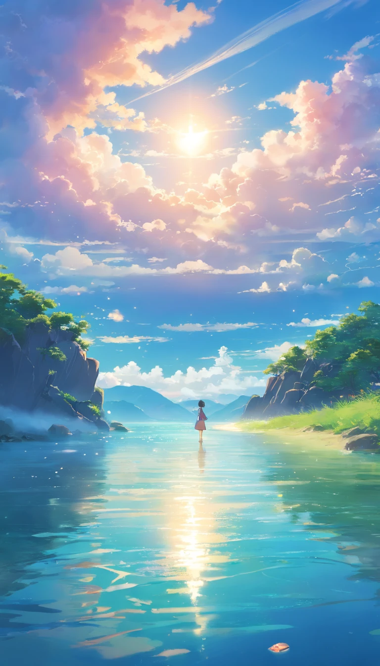 "Surrounded by clouds，Beautiful flowing picture，Delicately painted landscapes，Light clouds float on the surface of the water，It's like a fairyland。Hazy light penetrates the clouds，Stunning light and shadow effects are reflected。In the photo there is a sea of clouds，The looming scenery is mesmerizing。"