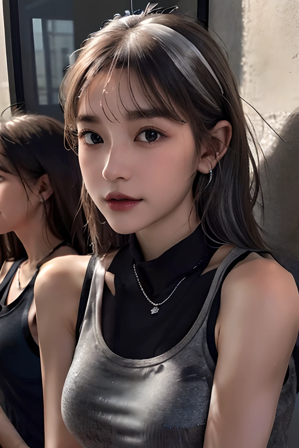 (8K:1,5),Light brown shorthair and silver mix,、disheveled hair、Light brown eyes、(dignified expression)、(爆乳:1.5)、Emphasize the valley、(Photorealsitic)、Shadow、(The face of the golden ratio:1.2)、(intricate detailes:1.2)、(masterpiece、:1.3)、(top-quality:1.4)、(超A high resolution:1.2)、超A high resolution、(A detailed eye)、(Detailed ears)、(Detailed eyebrows)、(Detailed mouth)、(detailed facial features)、((Silver necklace))、Luxury Night Bar,(gals:1.2),(Black tank top:1.4),