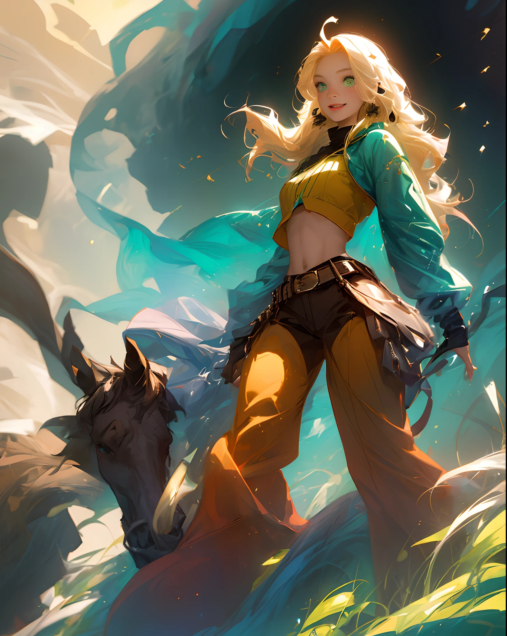 (cavalos:1.3), Pants, Cowboy shot, 1girll, Blonde hair, Long hair, Green eyes, Solo, ahoge,midriff, Boots, Smile, navel,belt, Break, Fantasy space,Do not dress revealingly