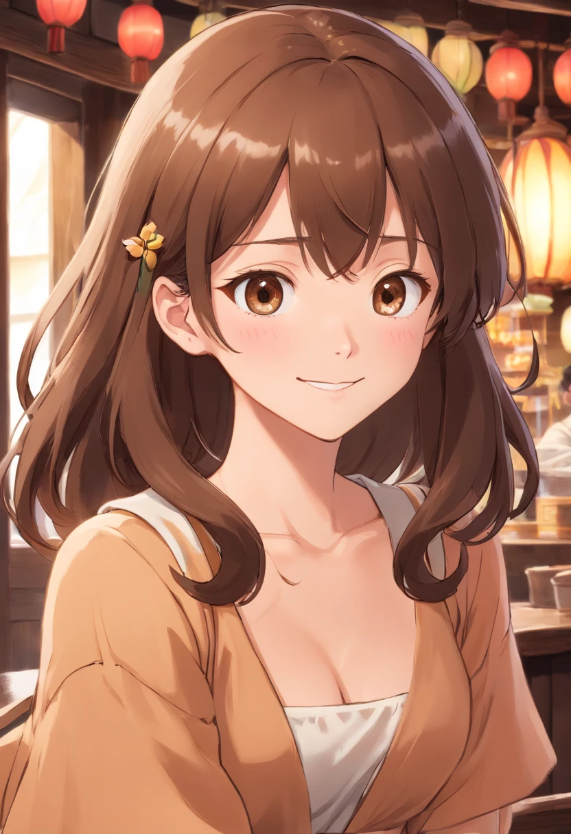 One girl,  (((Brown Made))),Highest Quality, in 8K,Large exposed bust、 masutepiece:1.3,  Black hair, Ultra-detailed face, Detailed eyes, Big Bust, Double eyelids, Best Smile,
,b3rli, Western Cafe