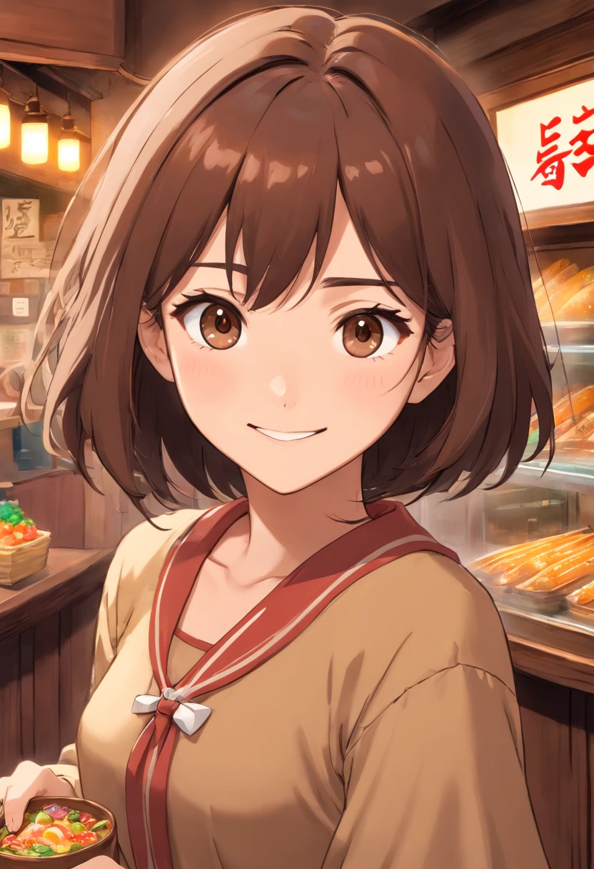 One girl,  (((Brown Made))),Highest Quality, in 8K,Large exposed bust、 masutepiece:1.3,  Black hair, Ultra-detailed face, Detailed eyes, Big Bust, Double eyelids, Best Smile,
,b3rli, Western Cafe