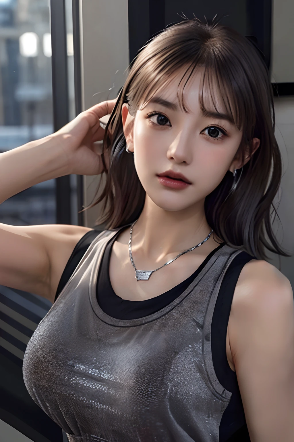 (8K:1,5),Light brown shorthair and silver mix,、disheveled hair、Light brown eyes、(dignified expression)、(爆乳:1.5)、Emphasize the valley、(Photorealsitic)、Shadow、(The face of the golden ratio:1.2)、(intricate detailes:1.2)、(masterpiece、:1.3)、(top-quality:1.4)、(超A high resolution:1.2)、超A high resolution、(A detailed eye)、(Detailed ears)、(Detailed eyebrows)、(Detailed mouth)、(detailed facial features)、((Silver necklace))、Luxury Night Bar,(gals:1.2),(Black tank top:1.4),