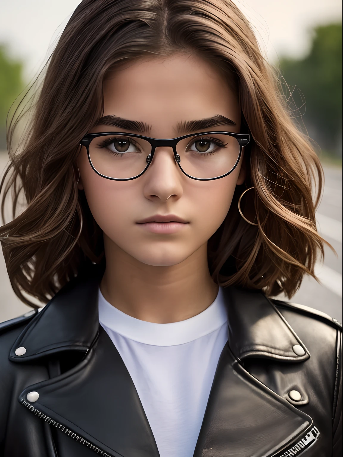 Realistic photo of a of European appearance; thick brown hair below the shoulder blades, slightly curly from medium length;;;, Large shiny dark brown eyes, long eyelashes, eyeglasses(Natural glare of glasses), thick eyebrows, Serious, хмурая, Indifferent, heavy, The Penetrating Eye, looks at the camera from under his eyebrows(a slight tilt of the head forward and down); Black biker leather jacket, Ripped white denim breeches, striped knee socks, Tall laced sappers, riding on a motorcycle "Java"; Behind the back is a sheath with a katana; Without cosmetics; Vechernyaya Street (Photography in the style of the 80s); Professional studio photography with a film SLR camera("Zorkiy-4"), (full body photographed), Anatomical realism(mandatory observance of the development and proportions of the body in accordance with the specified age (16yo)),,,, hightolution, detailed skin texture, natural lightin, 8K, Texture of the photo card