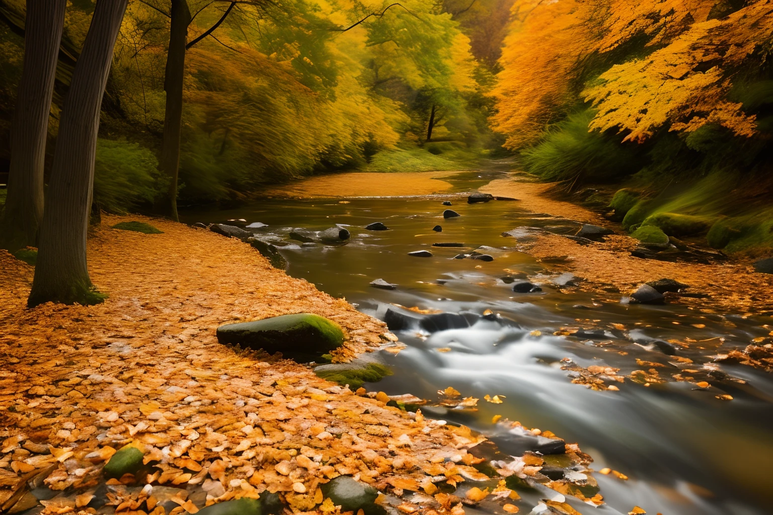 autumnal，eventide，riverbank，small bridges，flowingwater，Scenic beauty，The leaves are golden，Fallen leaves are everywhere，4K Ultra HD, 超高分辨率, (Photorealistic: 1.4), Best quality，Masterpiece，Utra dilution，（pastel colour：1.2）