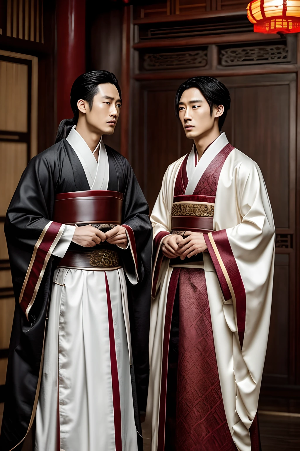 Create a scene in the style of a dorama featuring two men, Wei Wuxian and Lan, in a medieval Chinese setting, inspired by 'The Untamed.' Pay attention to intricate details in their clothing and the environment, capturing the essence of the historical period and their interactions, reflecting the mood of the series.