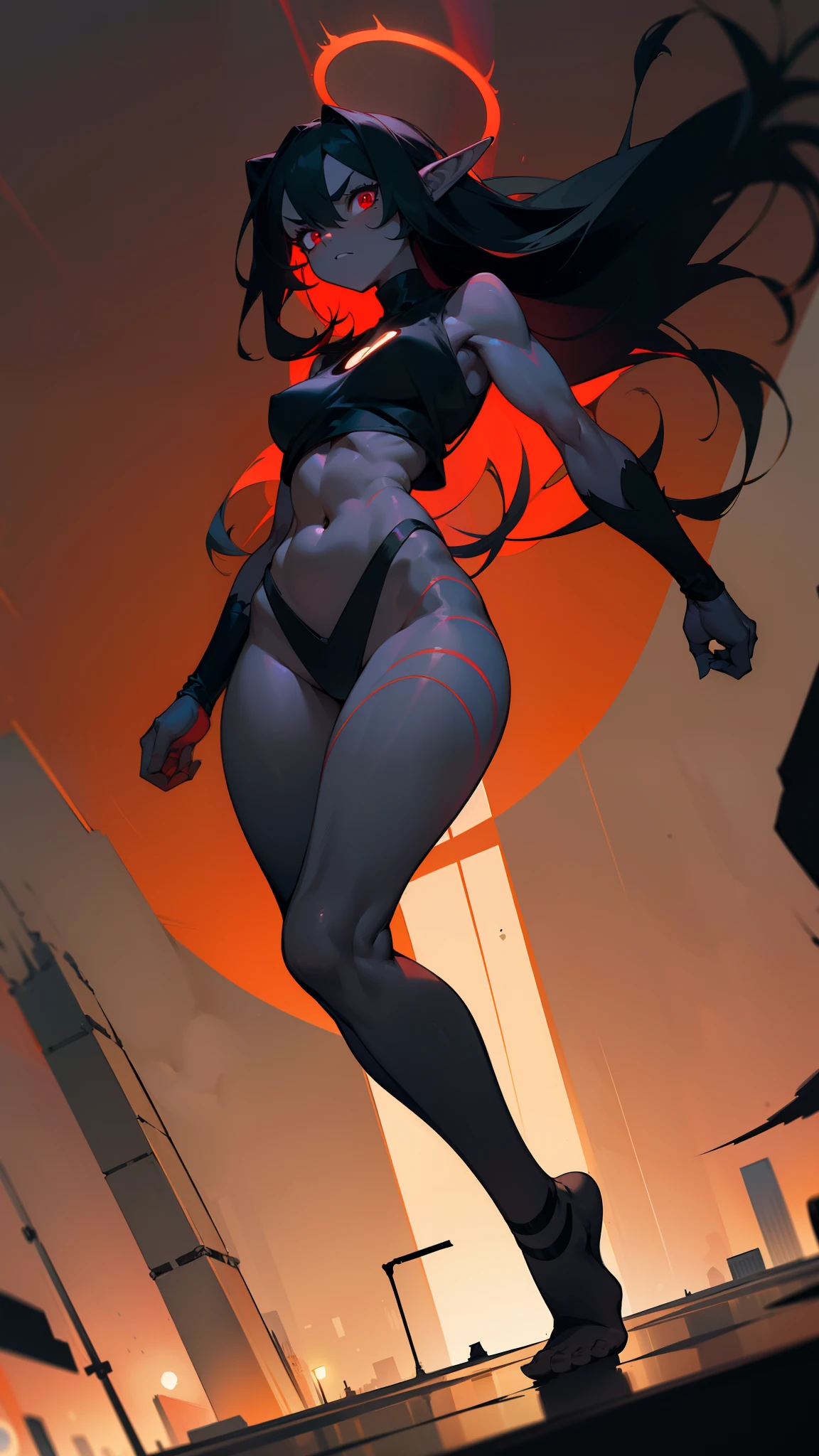 1humanoid woman ,30 years old,tall,fat body,angry face,(bare body),bare belly,sleeveless and shoulderless t-shirt,cleavage,medium breast,black hair,extra long hair,(((colored skin,Vantablack skin))),red sclera,a dark shapeless creature with a dark red glow and red eyes and surrounded by darkness,detailed eyes,elf ear,red pupils,sexy body,mature body,red halo, attacking a city in night,bare foots