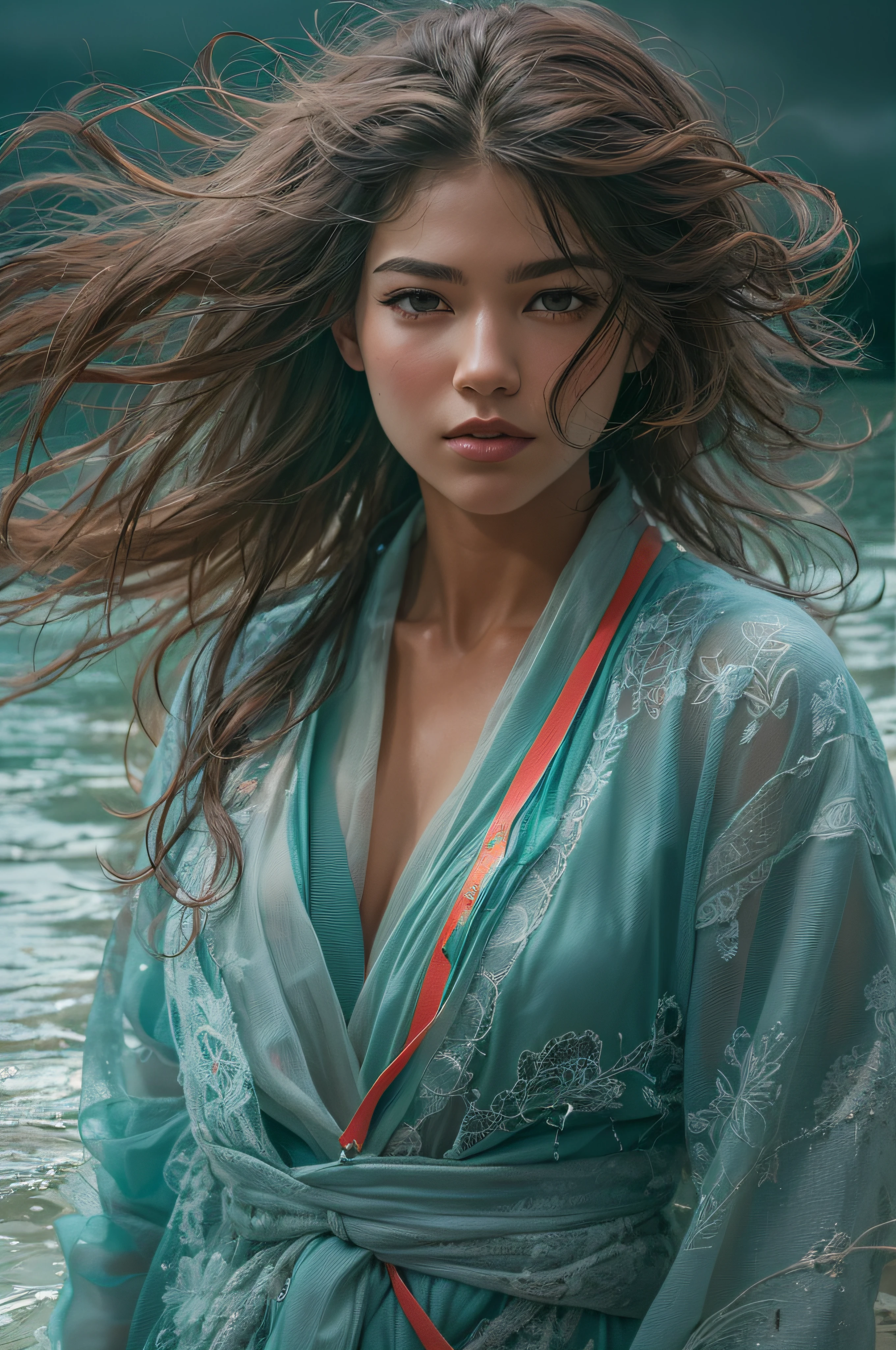 ultra realistic full body oil paint of Zendaya, a brown-haired American woman in a wide-open ice-blue bathrobe, which flies open with the heavy storm wind, allowing everyone to see her beautiful muscular body. She is walking in the water on the beach, with wild hair, full body, enlightenment, 4k resolution, intricately detailed, cinematic, full body, detailed symmetric eyes, intricate details, beautiful detailed intricate face, Carne Griffiths and Wadim Kashin concept art, ominous, approaching perfection, highly detailed, smooth, treding os artstation, sharp focus, digital art, perfect composition, Yabadaba, hyperdetailed painting, ISO 200, 100mm, DLSR, dynamic, light studio, vibrant, art by Alyssa Monks