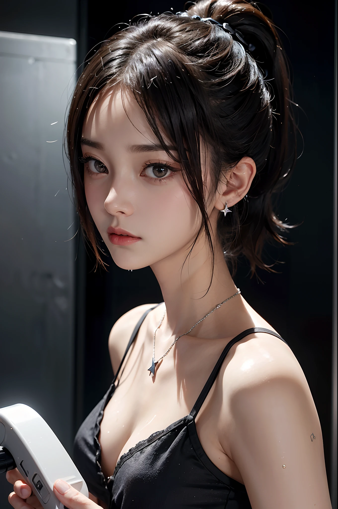 Masterpiece, one beautiful girl, detailed face, detailed eyes, detailed skin, top quality, Japanese, brightly lit from front, professional lighting, background slightly blurry, short hair (ponytail), punkish girl, star tattoo on face, glaring expression, angry, outfit is black camisole, background is a luxury hotel room (shower room), she is taking a shower, hair and outfit are wet, she is wearing silver earrings, silver necklace,