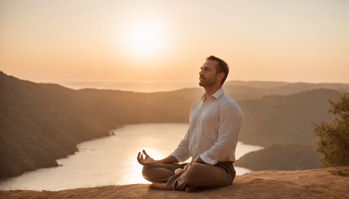 Mature man sitting in meditation position, contemplando um horizonte lindo com o sol se pondo, Man is in deep connection with the divine, The landscape is ultra detailed, homem ultra realista, tudo bem detalhado e lindo, ultra qualidade. Realismo 8k