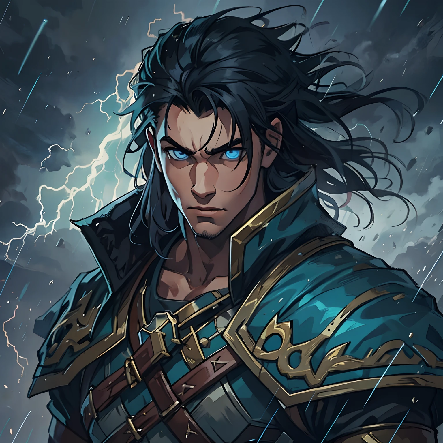 A handsome young man with blue eyes and medium-sized black hair, olhar arrogante, emo, como um corte de cabelo Undercut, corte de cabelo Curto, mas com a lateral do cabelo raspada, com um porte fisico muito forte e musculoso, This young man is a warrior, He wears a light suit and is in the middle of a storm, no topo de uma montanha, Like a Prince of Thunder, the sky lit by lightning in the storm, electricity by his thunder magic body he is like a thunder god: Como Thor, He is a warrior prince, magical dark sky, nuvens negras no meio de uma tempestade, water, Rain and Thunder An Art for an RPG A Medieval Art for an RPG