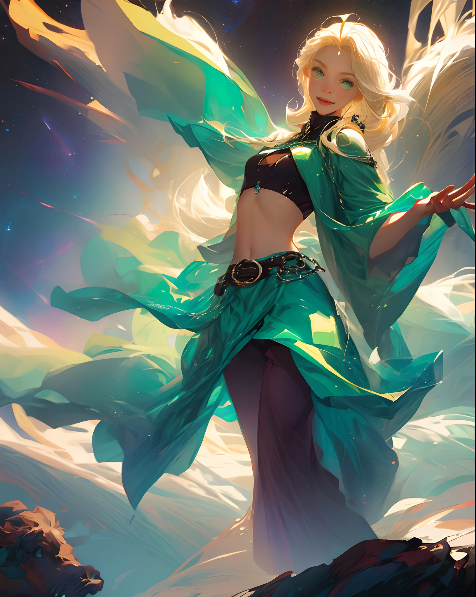 (cavalos:1.3), Pants, Cowboy shot, 1girll, Blonde hair, Long hair, Green eyes, Solo, ahoge,midriff, Boots, Smile, navel,belt, Break, Fantasy space,Do not dress revealingly