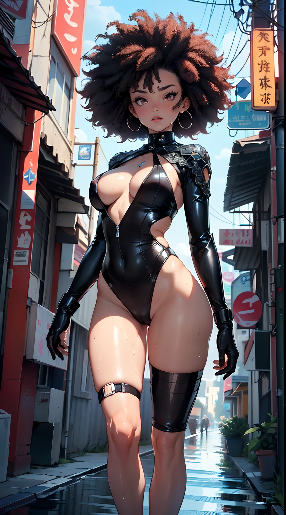 girl spacepunk,(((1girl))),((cute and beautiful afro haired girl)),((((black race)))),
(large breasts:1.4),saggy breasts,((((black afro hair:1.35,((afro hair:1.35)),afrohair,afro:1.35,dark hair,black hair,)))),medium hair, red:1.5,((heterochromia, (yellow and red eyes))),intricate eyes,beautiful detailed eyes,symmetrical eyes,((fat)),((((tan,dark skin,black skin:1.35,dark-skinned_female,dark skin:1.3,ebony skin,lustrous skin:1.5,bright skin: 1.5,shiny skin,very shiny skin,shiny body,illuminated skin,wet legs)))),(spider lower abdomen,narrow waist,wide hip,athletic body,inflated legs),(((detailed face))),
cute,slutty,sensual,seductive look,seductive,erotic,enchanting,((nsfw)),
zettai ryouiki,revealing clothing,show skin,(wearing a mechanical space body armor:1.3,micro armor bikini,bare legs,an armored arm),(((wet clothes,intricate outfit,intricate clothes))),
(dynamic pose:1.0),solo focus,embarrassed,(centered,scale to fit dimensions,Rule of thirds),
cyberpunk city by the ocean at night, with bright neon signs and dark stormy clouds and puddles, scenery:1.25,
artistic photography,(photography taken by sldr),highres, sharp focus, (ultra detailed, extremely detailed), (photorealistic artwork:1.37),(extremely detailed CG unity 8k wallpaper),((synthwave background theme)),(((vibrant colors))),(intricate background),(masterpiece),(best quality),