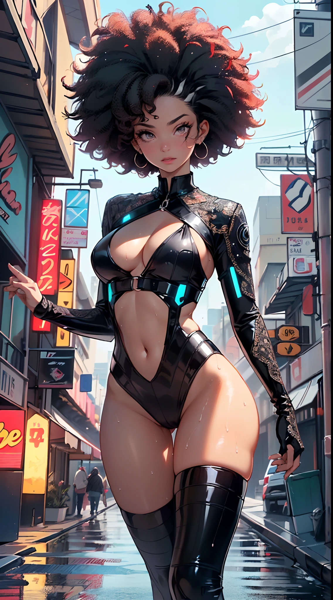 girl spacepunk,(((1girl))),((cute and beautiful afro haired girl)),((((black race)))),

(large breasts:1.4),saggy breasts,((((black afro hair:1.35,((afro hair:1.35)),afrohair,afro:1.35,dark hair,black hair,)))),medium hair, red:1.5,((heterochromia, (yellow and red eyes))),intricate eyes,beautiful detailed eyes,symmetrical eyes,((fat)),((((tan,dark skin,black skin:1.35,dark-skinned_female,dark skin:1.3,ebony skin,lustrous skin:1.5,bright skin: 1.5,shiny skin,very shiny skin,shiny body,illuminated skin,wet legs)))),(spider lower abdomen,narrow waist,wide hip,athletic body,inflated legs),(((detailed face))),

cute,slutty,sensual,seductive look,seductive,erotic,enchanting,((nsfw)),

zettai ryouiki,revealing clothing,show skin,(wearing a mechanical space body armor:1.3,micro armor bikini,bare legs,an armored arm),(((wet clothes,intricate outfit,intricate clothes))),

(dynamic pose:1.0),solo focus,embarrassed,(centered,scale to fit dimensions,Rule of thirds),

cyberpunk city by the ocean at night, with bright neon signs and dark stormy clouds and puddles, scenery:1.25,

artistic photography,(photography taken by sldr),highres, sharp focus, (ultra detailed, extremely detailed), (photorealistic artwork:1.37),(extremely detailed CG unity 8k wallpaper),((synthwave background theme)),(((vibrant colors))),(intricate background),(masterpiece),(best quality),