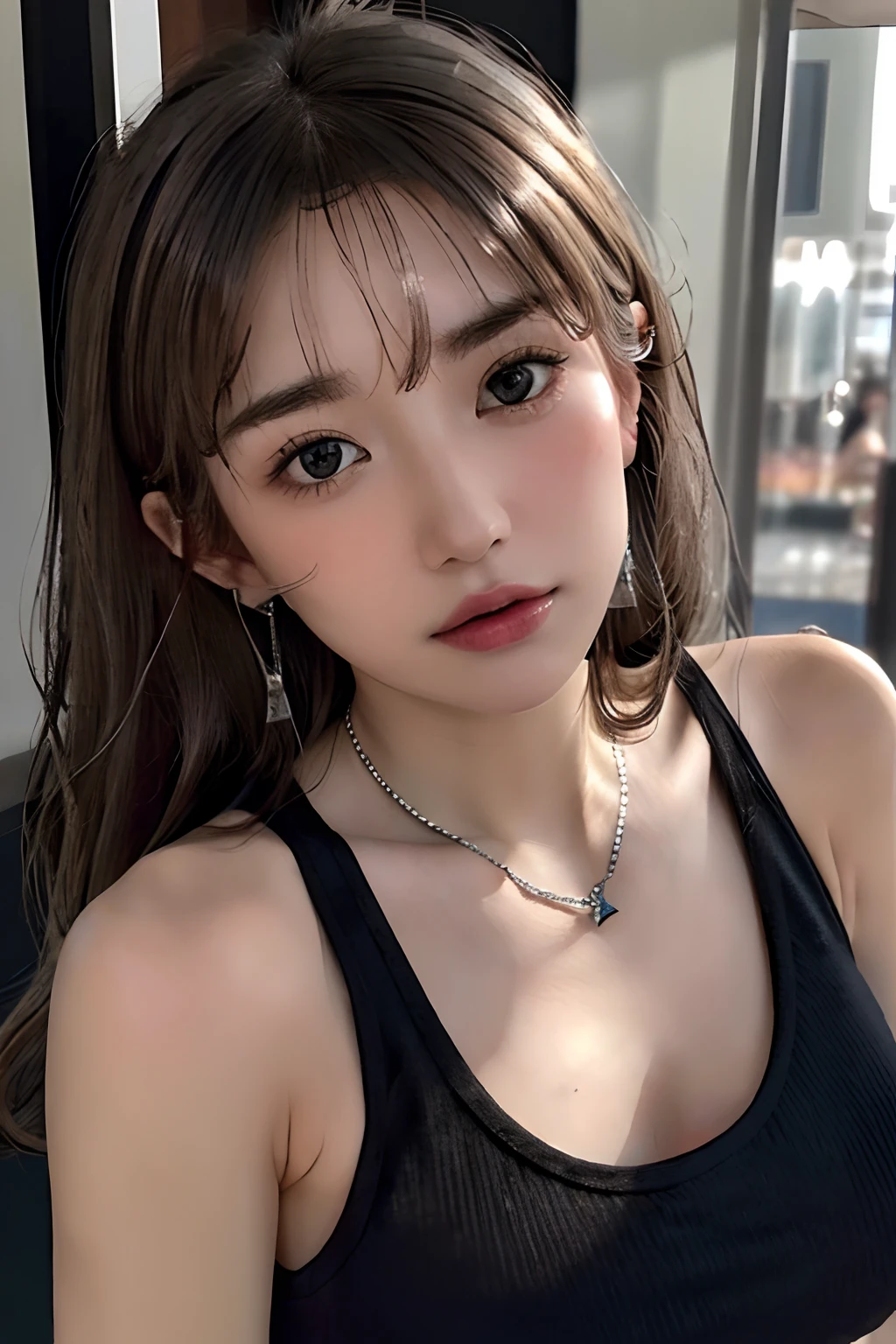 (8K:1,5),Light brown shorthair and silver mix,、disheveled hair、Light brown eyes、(dignified expression)、(爆乳:1.5)、Emphasize the valley、(Photorealsitic)、Shadow、(The face of the golden ratio:1.2)、(intricate detailes:1.2)、(masterpiece、:1.3)、(top-quality:1.4)、(超A high resolution:1.2)、超A high resolution、(A detailed eye)、(Detailed ears)、(Detailed eyebrows)、(Detailed mouth)、(detailed facial features)、((Silver necklace))、Luxury Night Bar,(full bodyesbian:1.2),(Black tank top:1.4),