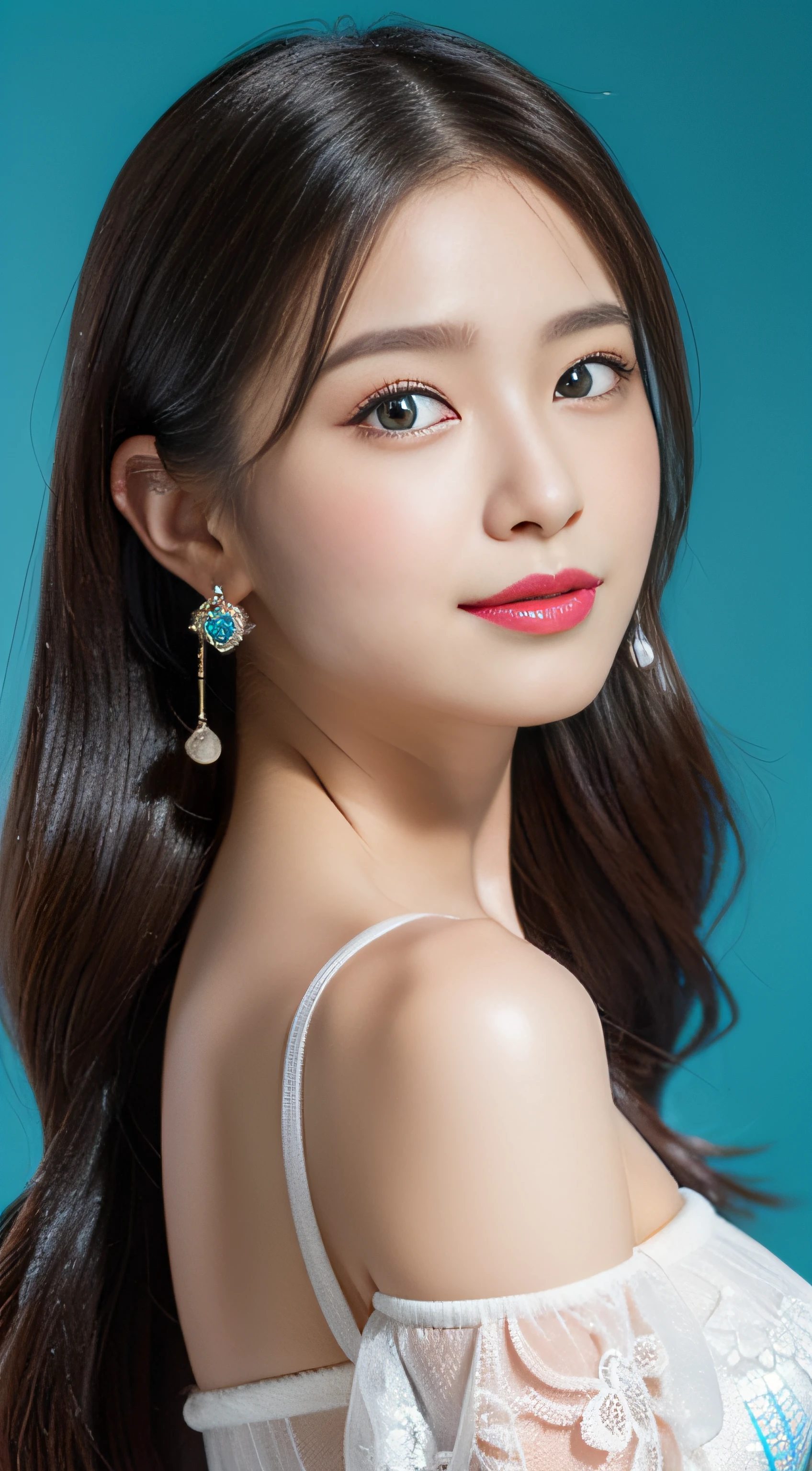 1 girl, national foundation, (White background), ((8k, raw, masterpiece: 1.4)), (Professional photography, sharp:1.2), ((half body photoshoot)), Perfect dynamic composition, (Natural sun light), (soft shadow), (Perfect body:1.4, slim abs:1.2), ((Japanese hairstyle:1.4, gigantic round breasts:1.6)), black medium hair, Ultra-detailed faces and skin, perfect asian, White skin, (Delicate skin:1.4), (latex skin:0.4), (perfect glowing skin:0.6), Shiraki Yuki, light brown eyes, beautiful eyes, round eyes, pretty face, blush, glossy lips, high nose bridge, glossy eyes, Perfectly proportioned face, Really moist skin, Refined expression, Smile gently at the camera, looking at camera, Refined expression, Elegant necklace, Elegant earrings, minimalist, Show cleavage, ((wear blue dress))