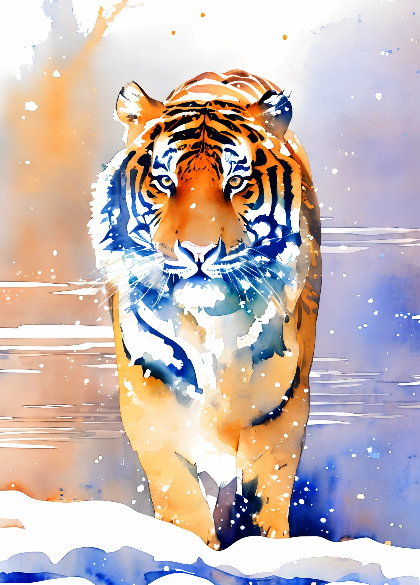 Digital art of (tiger in snow by creek), official art, frontal, water mirror, golden hour, masterpiece, Beautiful, ((watercolor)), paint splatter, intricate details, [dripping:0.5], Trending on artstation, in Watercolor Style, Watercolor, (Rachel Walker), Museum Epic Impressionist Maximalist Masterpiece, Thick Brush Strokes, extremely detailed fur, detailed eyes, long whiskers