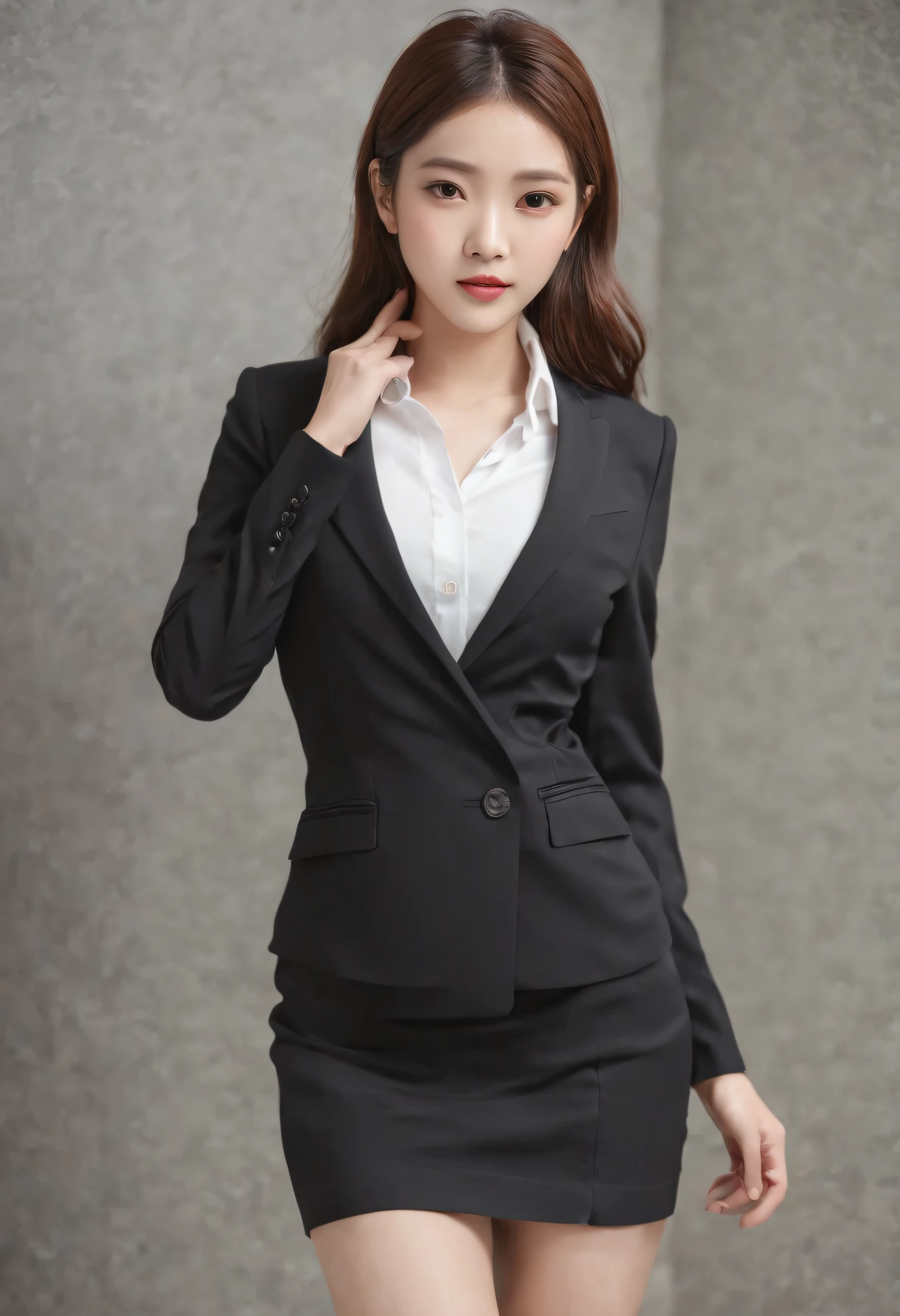 1 girl in、(Watch Viewer)、(bokeh dof:1.1)、cparted lips、deadpan、realisitic、Black Tight Mini Skirt、 Business suits、OL、skinny thigh、small ass、beautiful legs、delicate、Japan fashion models、Pale face、 top-quality、(Photorealsitic:1.4)、超A high resolution、Big miniskirt、Woman in black suit and tie、Suit Girl、Suit Girl、Wearing strict business suits、Wearing a business suit、Wearing a business suit、Wearing a black business suit、Japan Female Fashion Model、Wearing a black business suit、Fashion Suit Wear Black Suit Wear Black Noble Suit、Wearing a business suit、Black Slim Clothes、 Woman with very large breasts posing for photo、the face of a beautiful Japanese girl、asian beautiful face、Young cute one Asian face、beautifull asian girl ever、Cute little face of a girl、beautiful young korean woman、Facial features of Japan、Young adorable Korean face、gorgeous young korean woman、Young Asian Girl、beautiful Korean women、beautiful young asian woman、Standing facing forward、 Composition visible from the top of the knee to the head、Knees are visible、Camera gaze、is standing、FULL BODYSHOT、hyper realisitic、Front shot full body、Bare legged、(LoRA applied only to the face、Raw feet)