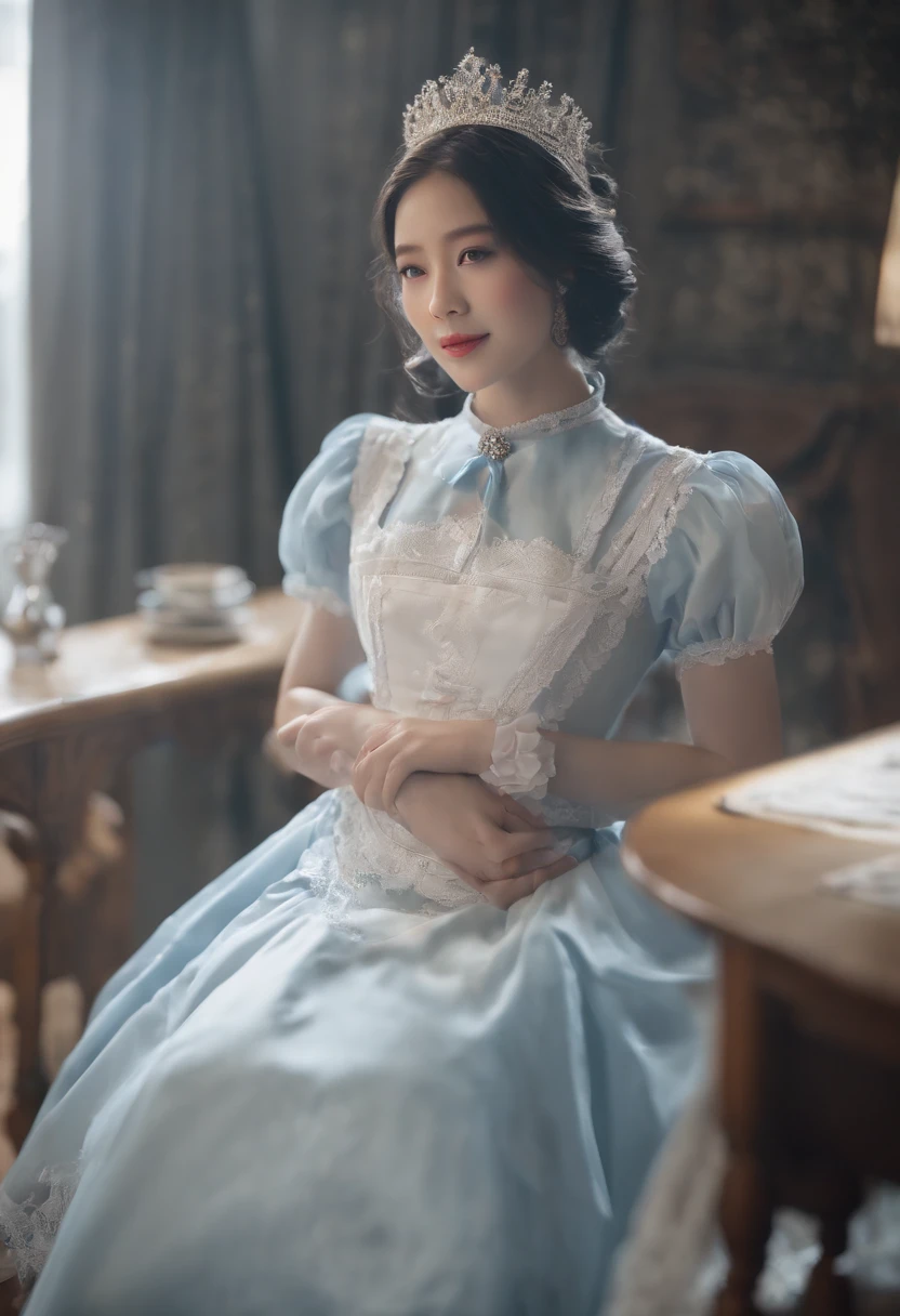 One girl,  (((Light blue maid))),Highest Quality, in 8K,Large exposed bust、 masutepiece:1.3,  Black hair, Ultra-detailed face, Detailed eyes, Big Bust, Double eyelids, Best Smile,
,b3rli, Western Cafe