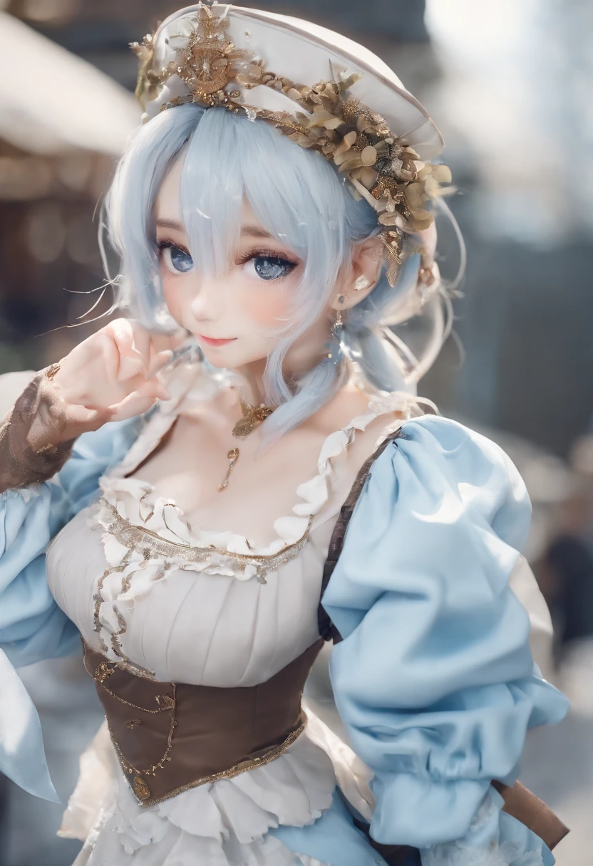 One girl, (((Light blue maid))),Highest Quality, in 8K,Large exposed bust、 masutepiece:1.3, Black hair, Ultra-detailed face, Detailed eyes, Big Bust, Double eyelids, Best Smile,
,b3rli, Western Cafe