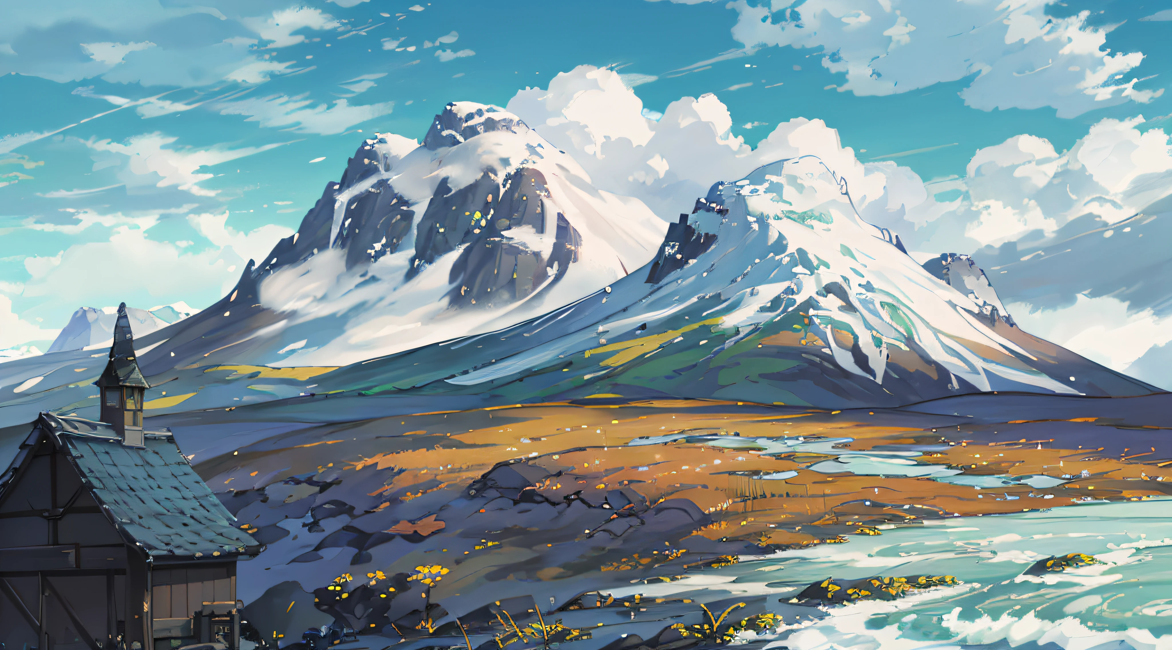 scenery: Snowy mountain grassland，Extreme light and shadow，Impeccable，tmasterpiece，4K，illustration