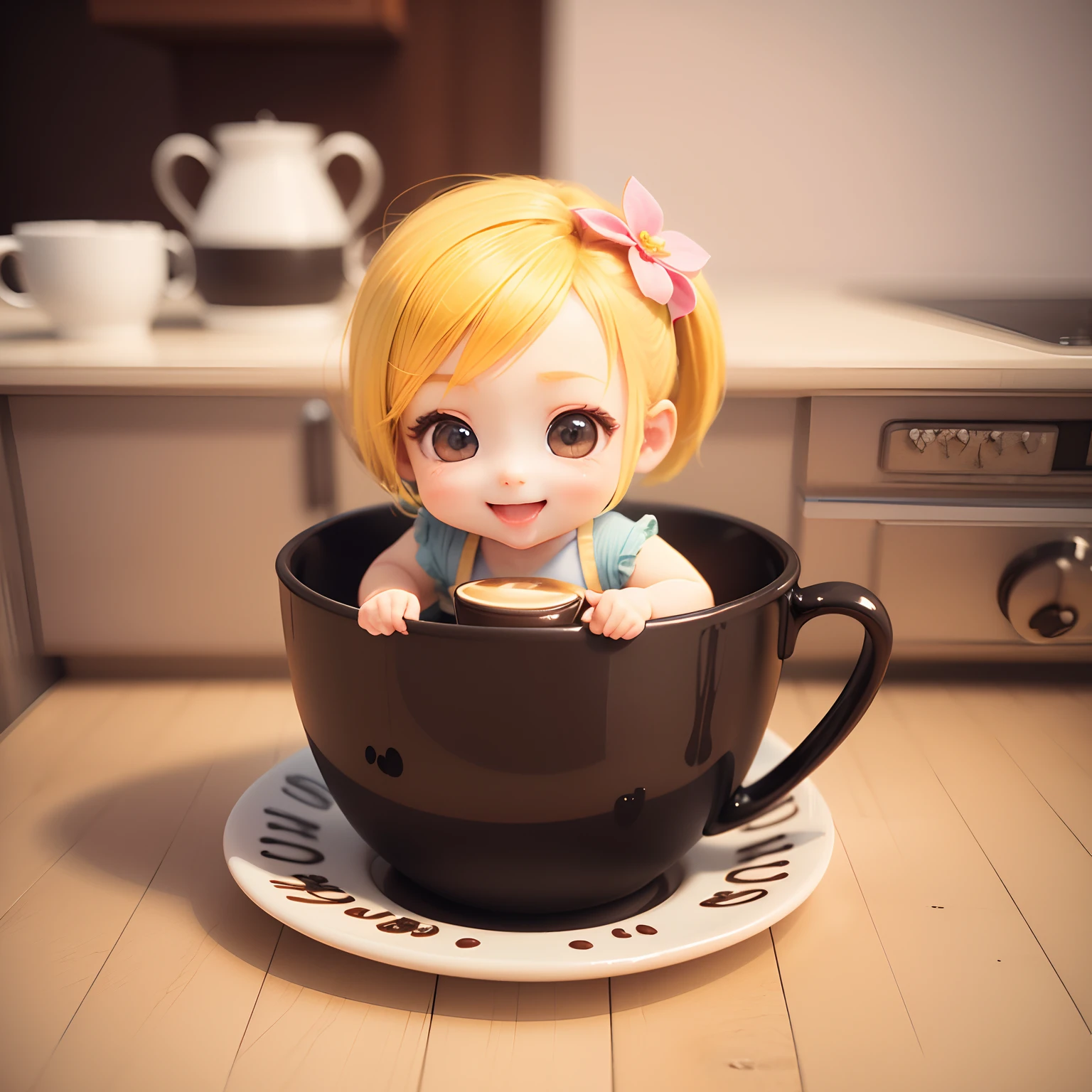 Cute Baby Chibi Anime、(((Chibi 3D))) (Best Quality), (masutepiece)、Chibi Kitchen、(Sit in a coffee cup:1.3)、Yellow hair、kitchenware、Jewelry Decoration Costumes、Open your mouth and smile、a small face、petite body、A detailed face