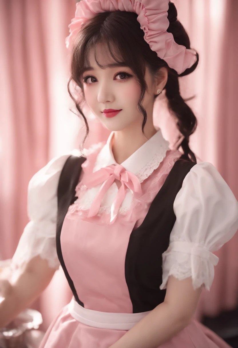 One girl,  (((Pink Maid))),Highest Quality, in 8K,Large exposed bust、 masutepiece:1.3,  Black hair, Ultra-detailed face, Detailed eyes, Big Bust, Double eyelids, Best Smile,
,b3rli, Western Cafe