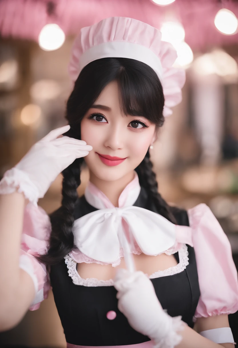 (Tabletop、highest quality、8k、Award-winning works、Ultra-high resolution)、one beautiful maid、(Perfect black and white classic gorgeous maid dress:1.3)、(Gorgeous Victorian Ruffle Maid Dress:1.3)、Accurate anatomy、Beautiful smile、Fully closed lips、(Blurred pure white background:1.1)、Very bright lighting、(Face close-up:1.3)、Perfect beautiful makeup、(Semen-covered face:1.3)、Cleavage、Sparkling beautiful eyes