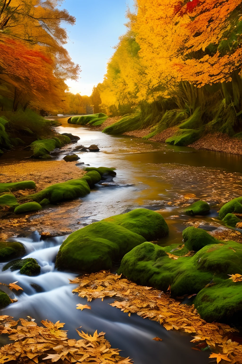 autumnal,eventide,riverbank,small bridges,flowingwater,Scenic beauty,The leaves are golden,Fallen leaves are everywhere,4K Ultra HD, 超高分辨率, (Photorealistic: 1.4), Best quality,Masterpiece,Utra dilution,(pastel colour:1.2)