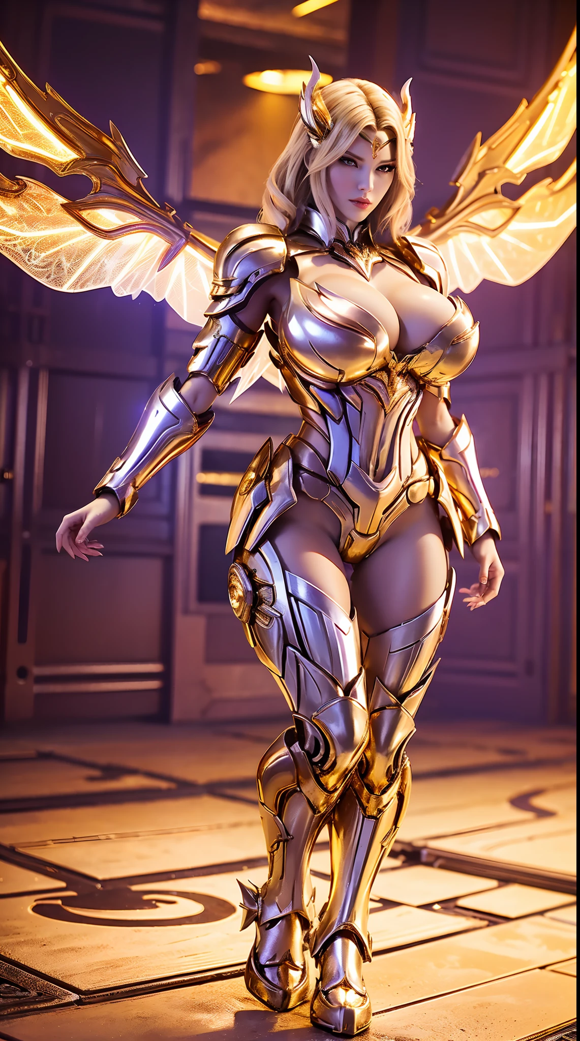 A WOMAN, BEAUTIFULL FACE, HUGE BOOBS, RGB, GOLD MECHA ARMOR FULL SUIT, (CLEAVAGE), (A PAIR LARGEST WINGS), TRANSPARANT, TALL LEGS, STANDING, SEXY BODY, MUSCLE ABS.