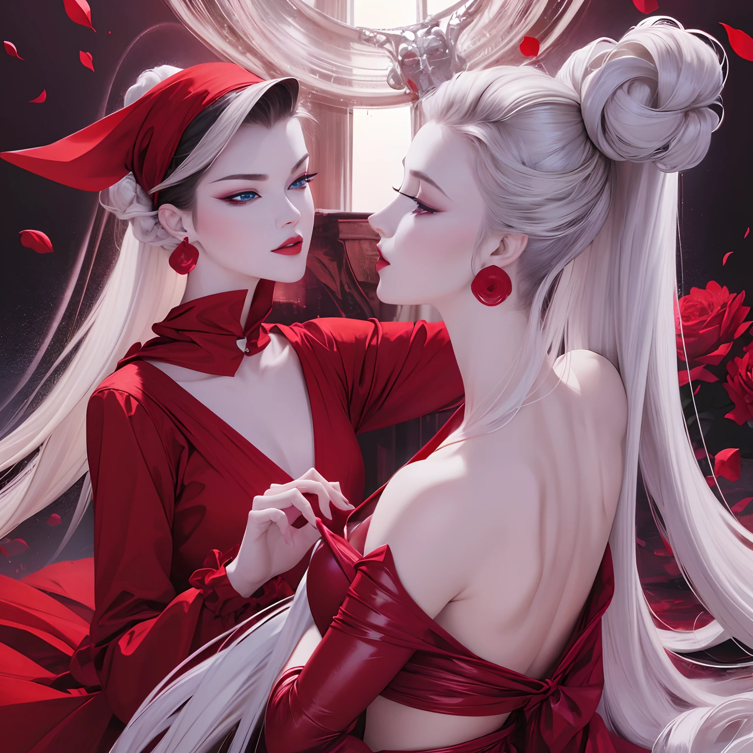 finest image, portrait, female, sexy, beautiful, cute, flat chest, abs, slender, amorous expression, lewd expression, ecstasy, orgasm, light silver glossy flowing layered iridescent hair, blue sparkling eyes, red alluring moist lips, red long dress, red long gloves, background royal palace, many falling petals, professional lighting