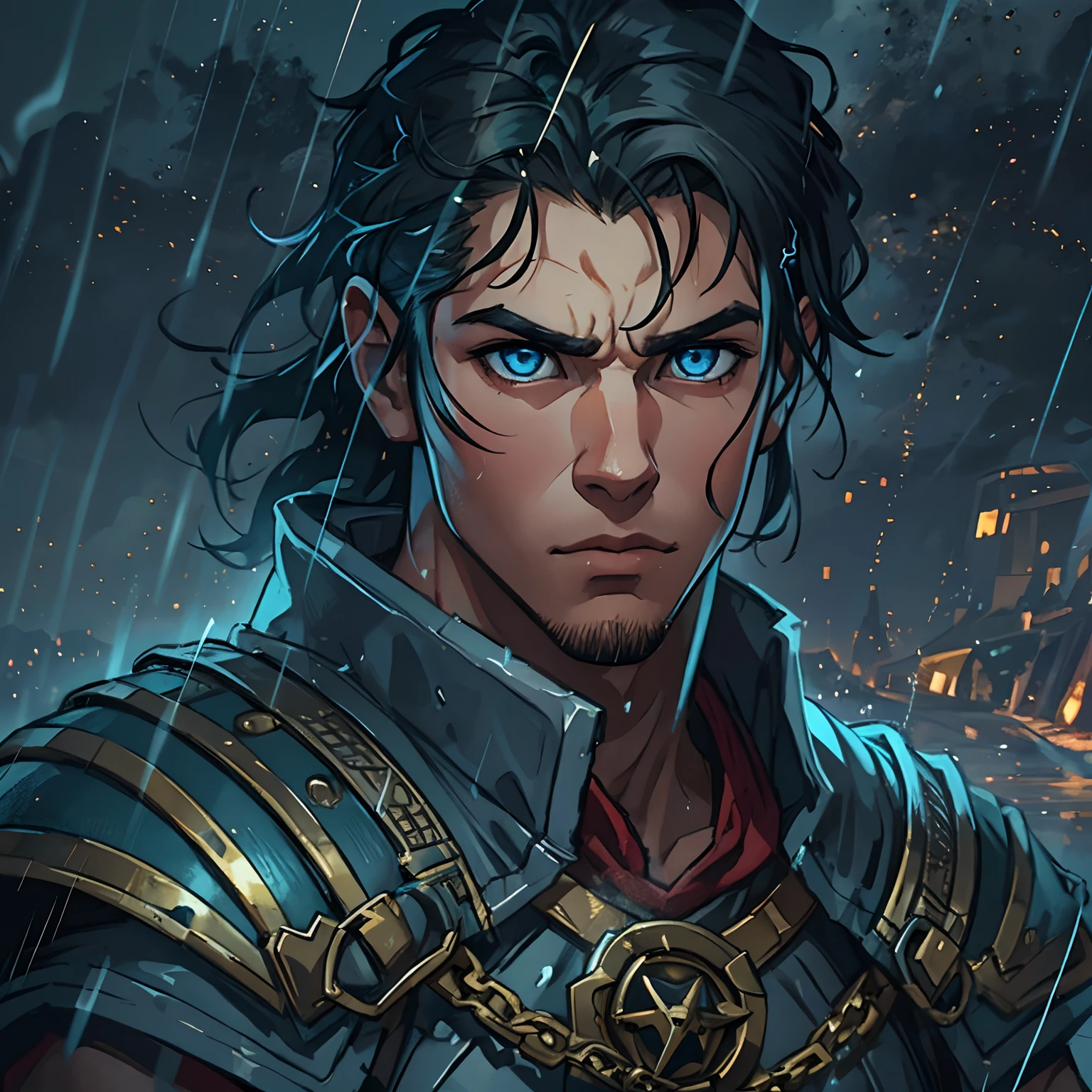 A handsome young man with blue eyes and medium-sized black hair, olhar arrogante, emo, como um corte de cabelo Undercut, corte de cabelo curto, mas com a lateral do cabelo raspada, com um porte fisico muito forte e musculoso, This young man is a warrior, He wears a light suit and is in the middle of a storm, no topo de uma montanha, Like a Prince of Thunder, the sky lit by lightning in the storm, electricity by his thunder magic body he is like a thunder god: Como Thor, He is a warrior prince, magical dark sky, nuvens negras no meio de uma tempestade, water, Rain and Thunder An Art for an RPG A Medieval Art for an RPG