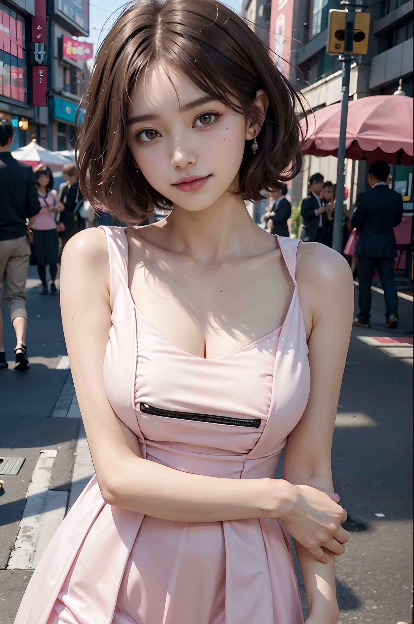 ((((short hair)))), ((((brown hair)))), best quality, 8K, HDR, highres, absurdres:1.2, blurry background, bokeh:1.2, Photography, (RAW photo:1.2), (photorealistic:1.4), (masterpiece:1.3), (intricate details:1.2), 1girl, solo, japanese girl, delicate, beautiful detailed, (detailed eyes), (detailed facial features), petite, beautiful and clear eyes, detail eye pupil, (((large breasts))), skin tight, (looking_at_viewer), from_front, (skinny), (best quality:1.4), (ultra highres:1.2), cinema light, (extreme detailed illustration), (lipgloss, best quality, ultra highres, depth of field, caustics, Broad lighting, natural shading, 85mm, f/1.4, ISO 200, 1/160s:0.75),1girl, solo, ((smile)), (((slim body))), (ulzzang-6500-v1.1:0.5), upper body, ((((pink formal dress:1.2)))), standing,(pureerosface_v1:0.5), Tokyo street,night, cityscape,city lights, close up,