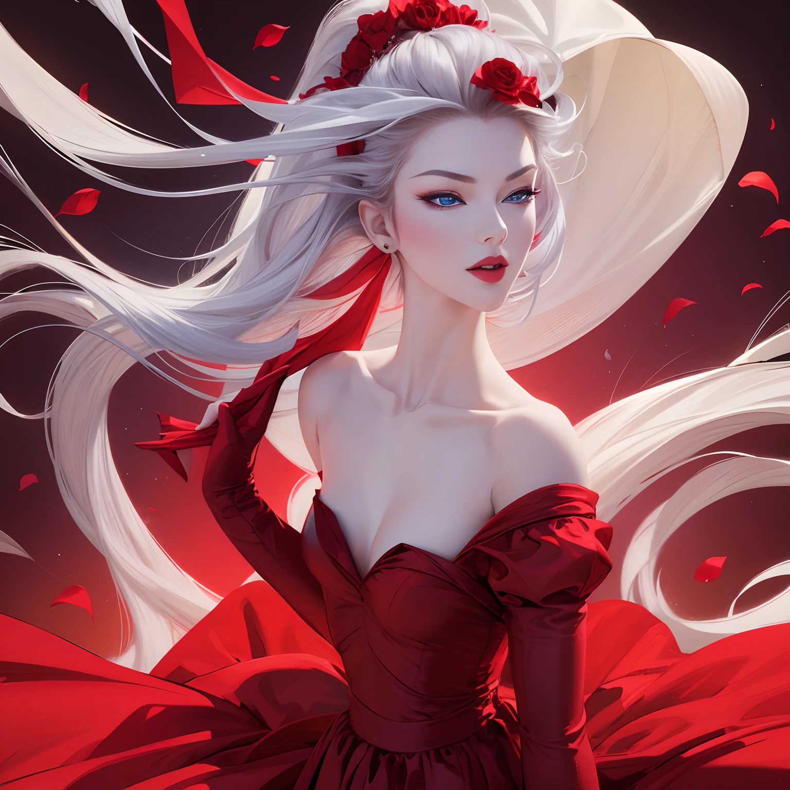 finest image, portrait, female, sexy, beautiful, cute, flat chest, abs, slender, amorous expression, lewd expression, ecstasy, orgasm, light silver glossy flowing layered iridescent hair, blue sparkling eyes, red alluring moist lips, red long dress, red long gloves, background royal palace, many falling petals, professional lighting