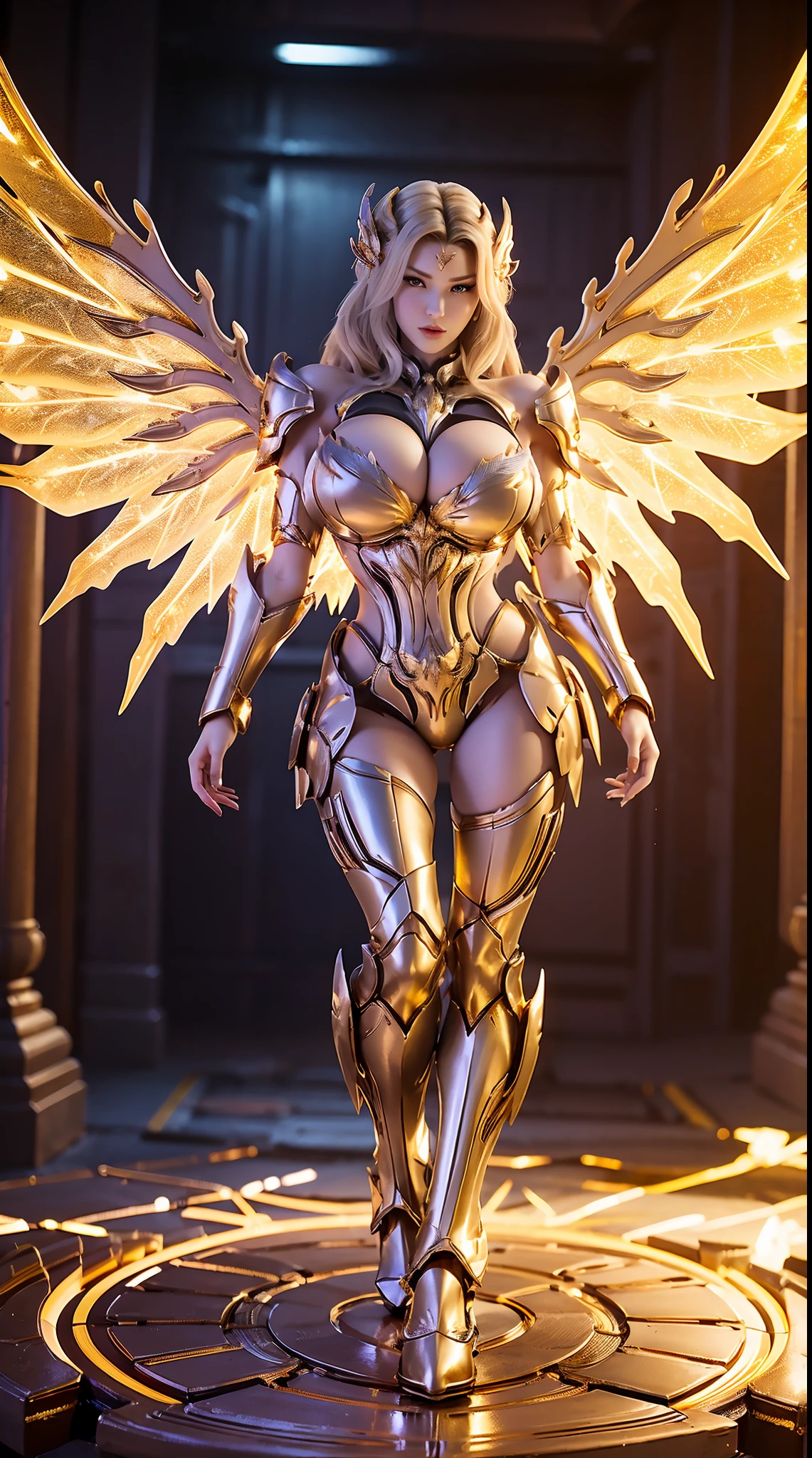 A WOMAN, BEAUTIFULL FACE, HUGE BOOBS, RGB, GOLD MECHA ARMOR FULL SUIT, (CLEAVAGE), (A PAIR LARGEST WINGS), TRANSPARANT, TALL LEGS, STANDING, SEXY BODY, MUSCLE ABS.