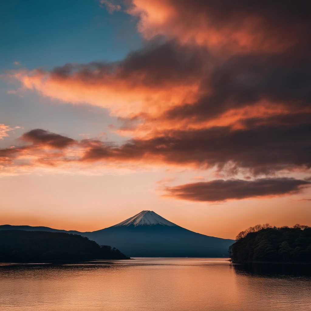 Master Parts、Superior Quality、superior image quality、The 8k quality、magnifica、Mt fuji、Blue glowing lake:1.9、Dramatic sunset:1.9