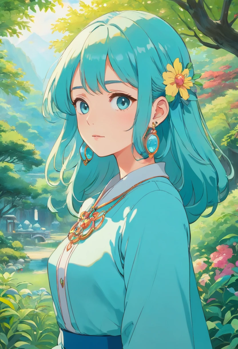 Girl in an anime collar, Long necklaces and earrings, In the style of a tranquil garden landscape, colorful animation stills, Masami Teraoka, aquamarine, paul gauguin, Embry style, Honest portrayal