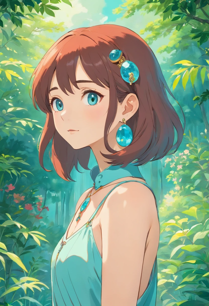 A girl wearing an anime collar, A long necklace and earrings, inthe style of tranquil gardenscapes, colorful animation stills, Masami Teraoka, aquamarine, Paul Gauguin, Amber style, Honest portrayal