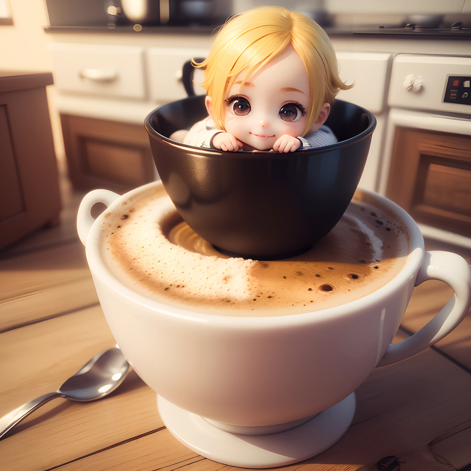 Cute Baby Chibi Anime、(((Chibi 3D))) (Best Quality), (masutepiece)、Chibi Kitchen、(Sit in a coffee cup:1.3)、Yellow hair、kitchenware、Jewelry Decoration Costumes、Open your mouth and smile、a small face、petite body、A detailed face