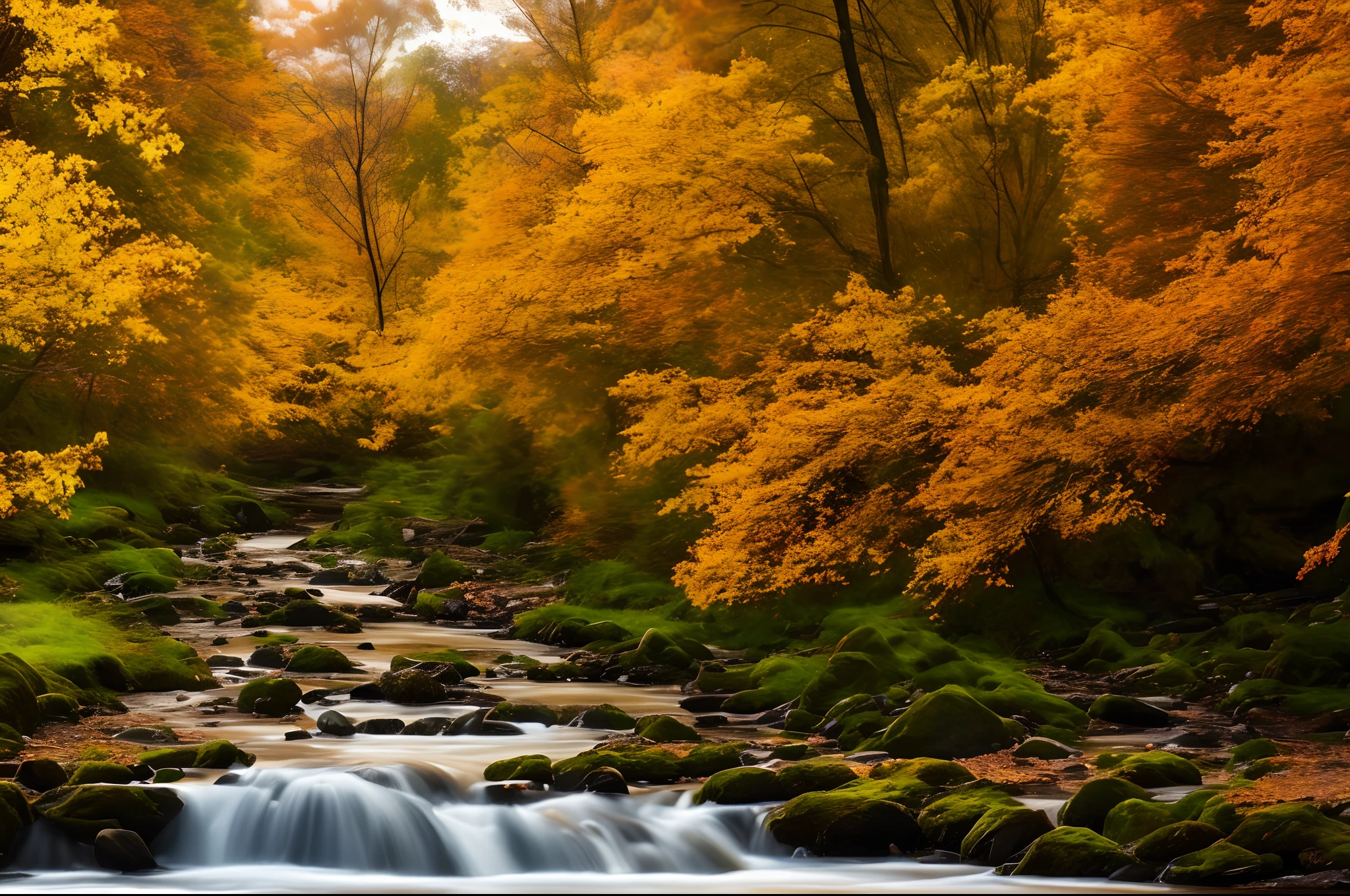 autumnal,eventide,riverbank,small bridges,flowingwater,Scenic beauty,The leaves are golden,Fallen leaves are everywhere,4K Ultra HD, 超高分辨率, (Photorealistic: 1.4), Best quality,Masterpiece,Utra dilution,(pastel colour:1.2)