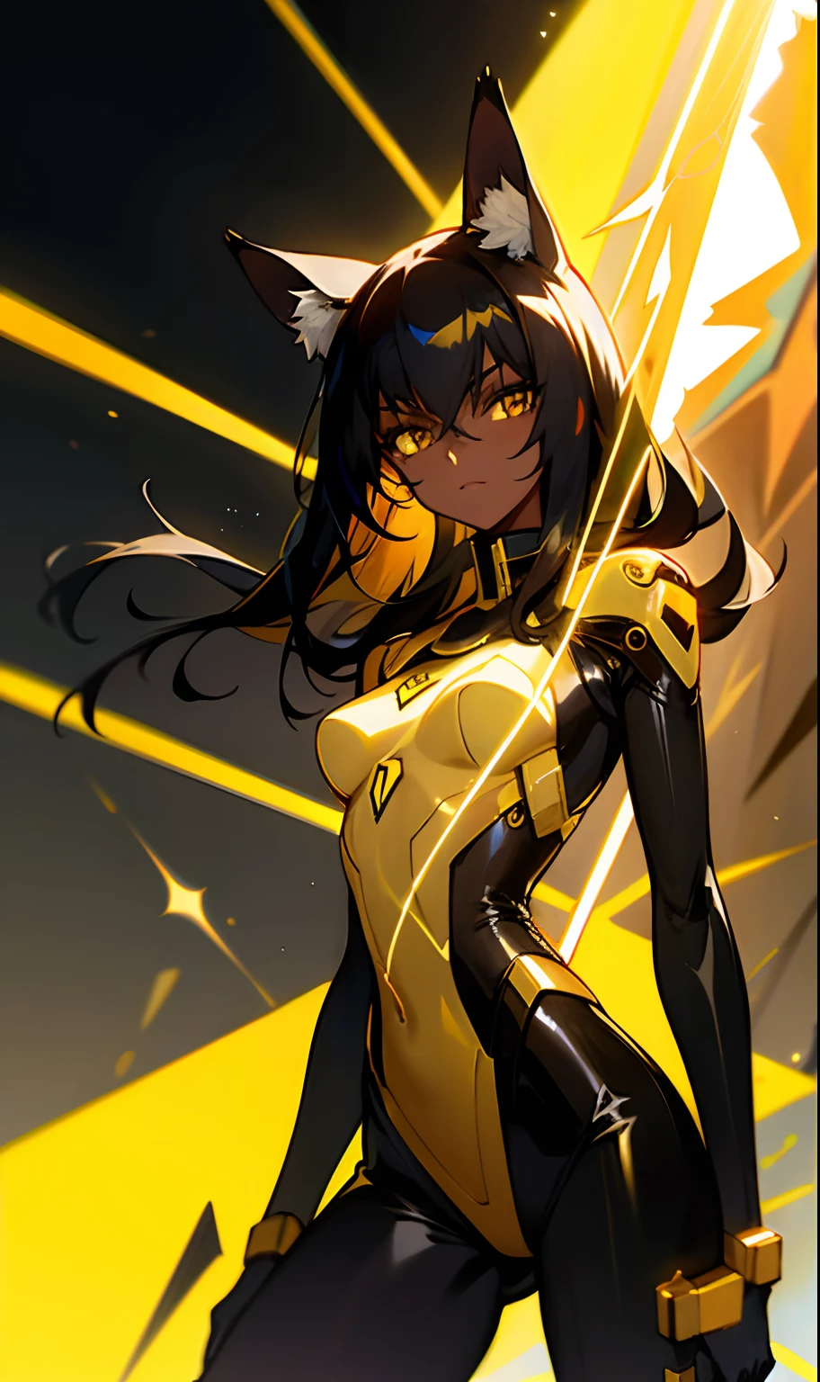 Anubis: dark-skinned woman with medium breasts and golden cat ears, wearing an electric suit that emits sparks and black hair with long electric rays;