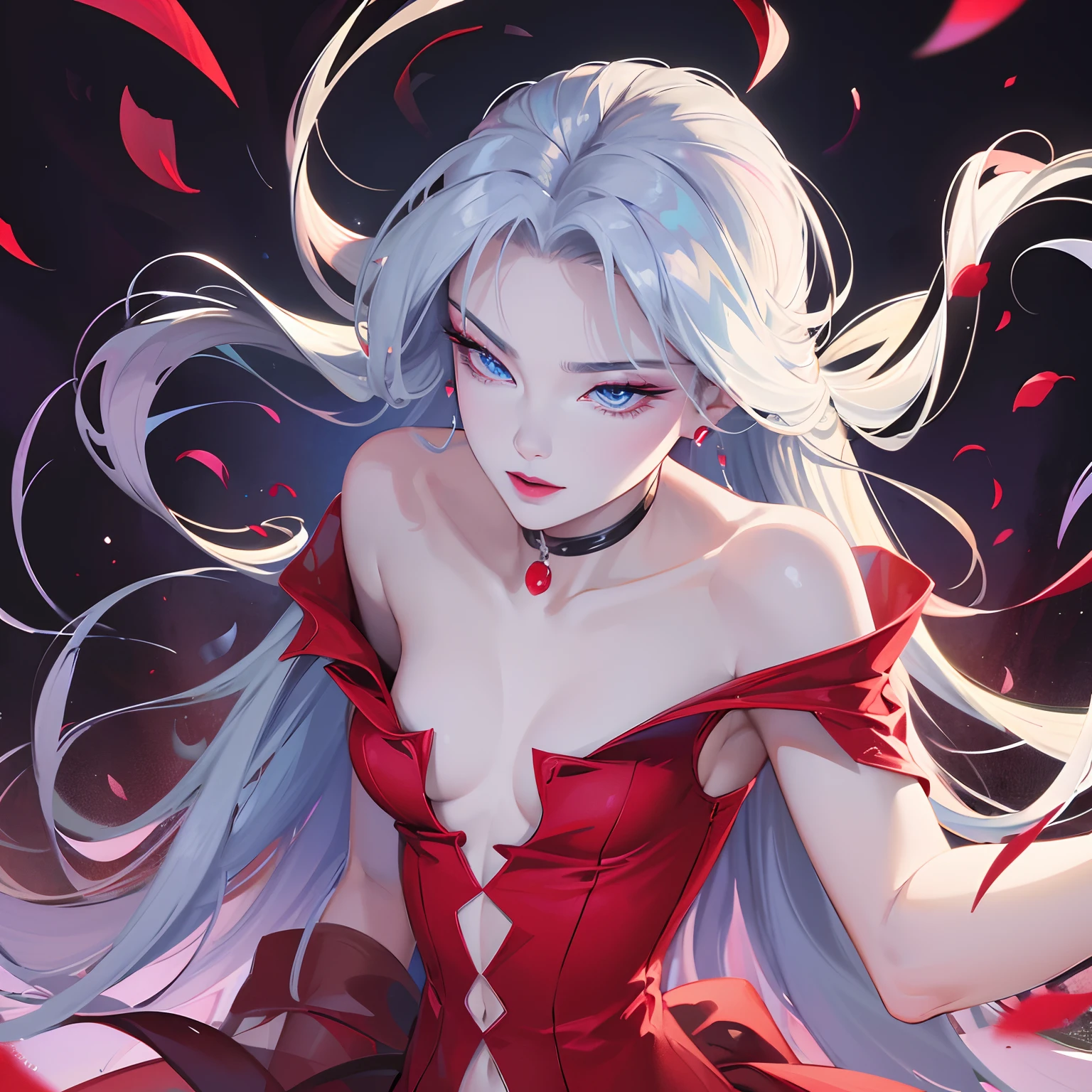 finest image, portrait, female, sexy, beautiful, cute, flat chest, abs, slender, amorous expression, lewd expression, ecstasy, orgasm, light silver glossy flowing layered iridescent hair, blue sparkling eyes, red alluring moist lips, red long dress, red long gloves, background royal palace, many falling petals, professional lighting