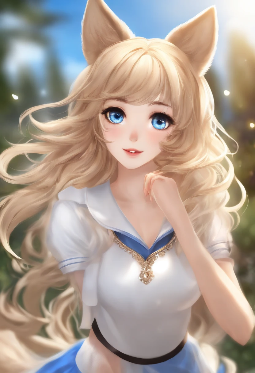 Masterpiece, Best quality, Wolf Girl, elegant, 1girll, Wolf ears, Wolf tail, Cute, face flushed, view the viewer, From above, Blonde wavy hair, Mini skirt, White and black striped T-shirt, Blue eyes, Beautiful eyes, Beautiful background, Light particles, suns rays, Dramatic lighting, outside, Shiny, Realistic, Masterpiece, Best quality, Ultra-detailed, Detailed, scenery, Beautiful detailed eyes, detailed hairs。PNG format