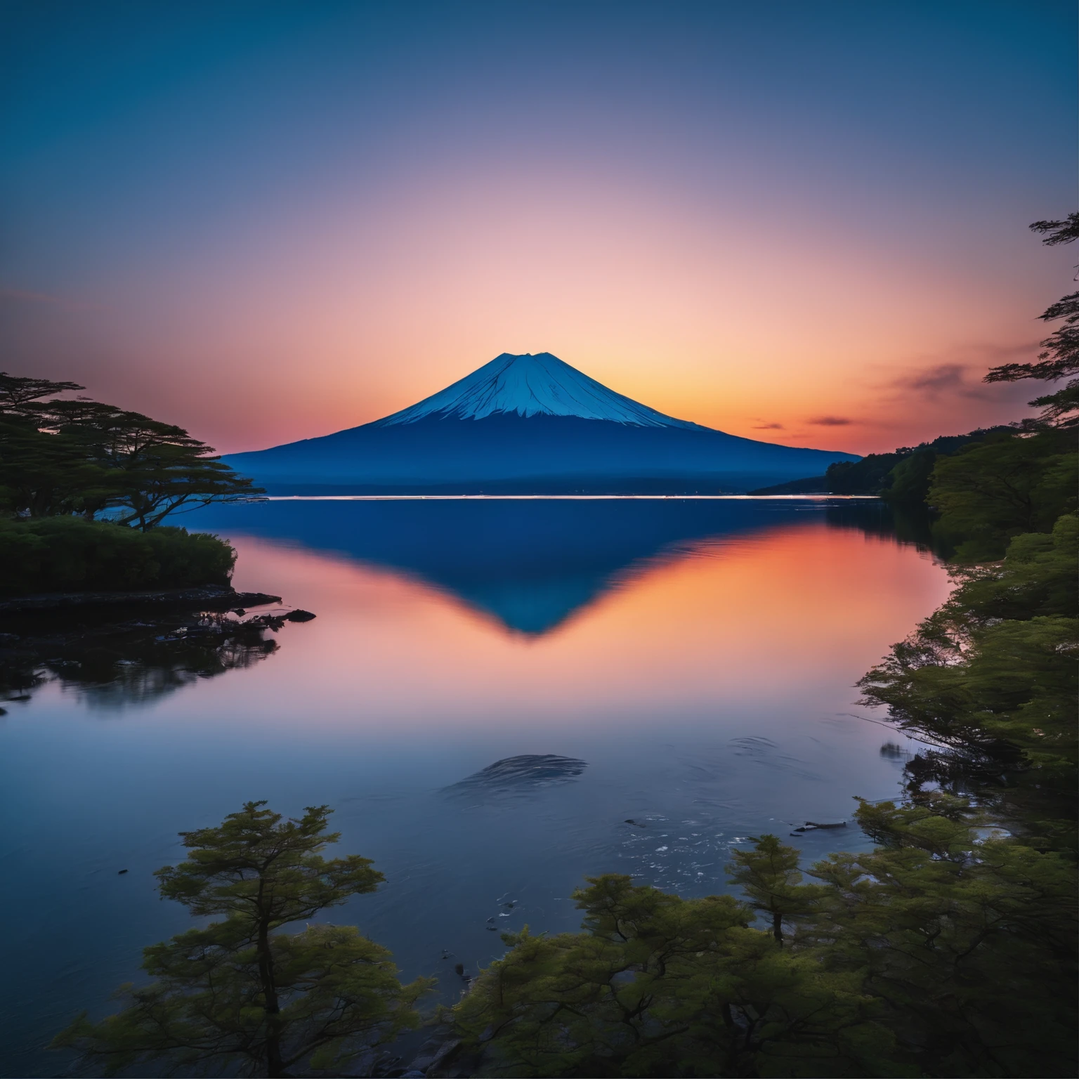 Master Parts、Superior Quality、superior image quality、The 8k quality、magnifica、Mt fuji、Blue glowing lake:1.9、Dramatic sunset:1.9