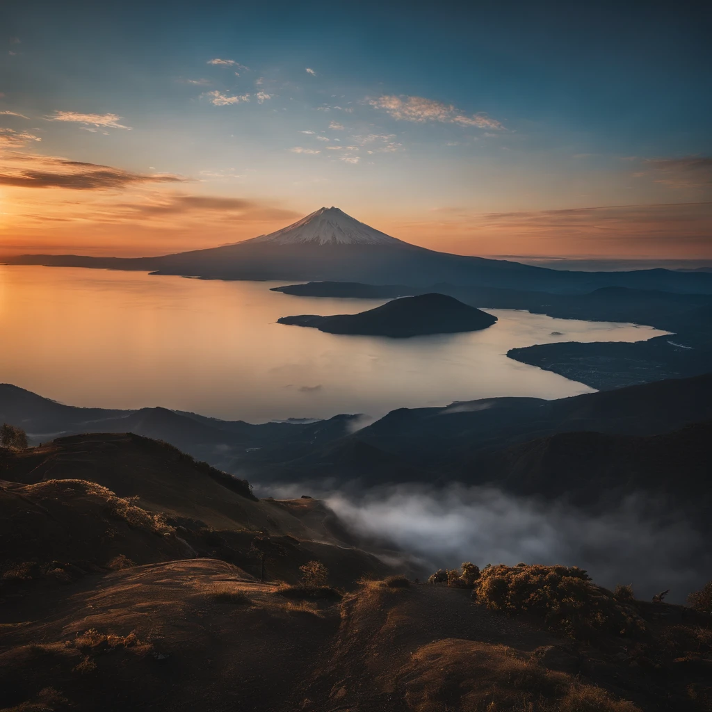 Master Parts、Superior Quality、superior image quality、The 8k quality、magnifica、Mt fuji、Blue glowing lake:1.9、Dramatic sunset:1.9