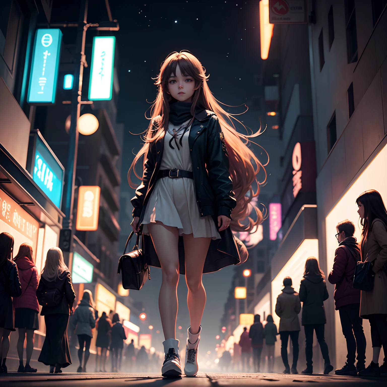 In the evening, The lights are on, the street, trafic, crowd of, Long-haired girl walking alone，style of anime，Fantasy space