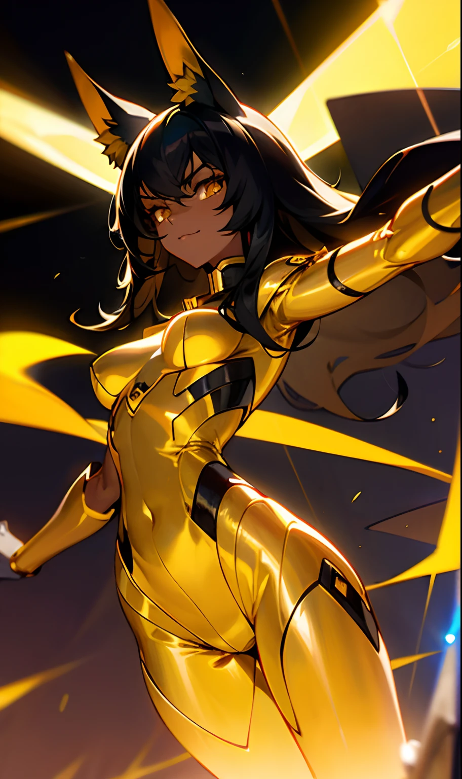 Anubis: dark-skinned woman with medium breasts and golden cat ears, wearing an electric suit that emits sparks and black hair with long electric rays;