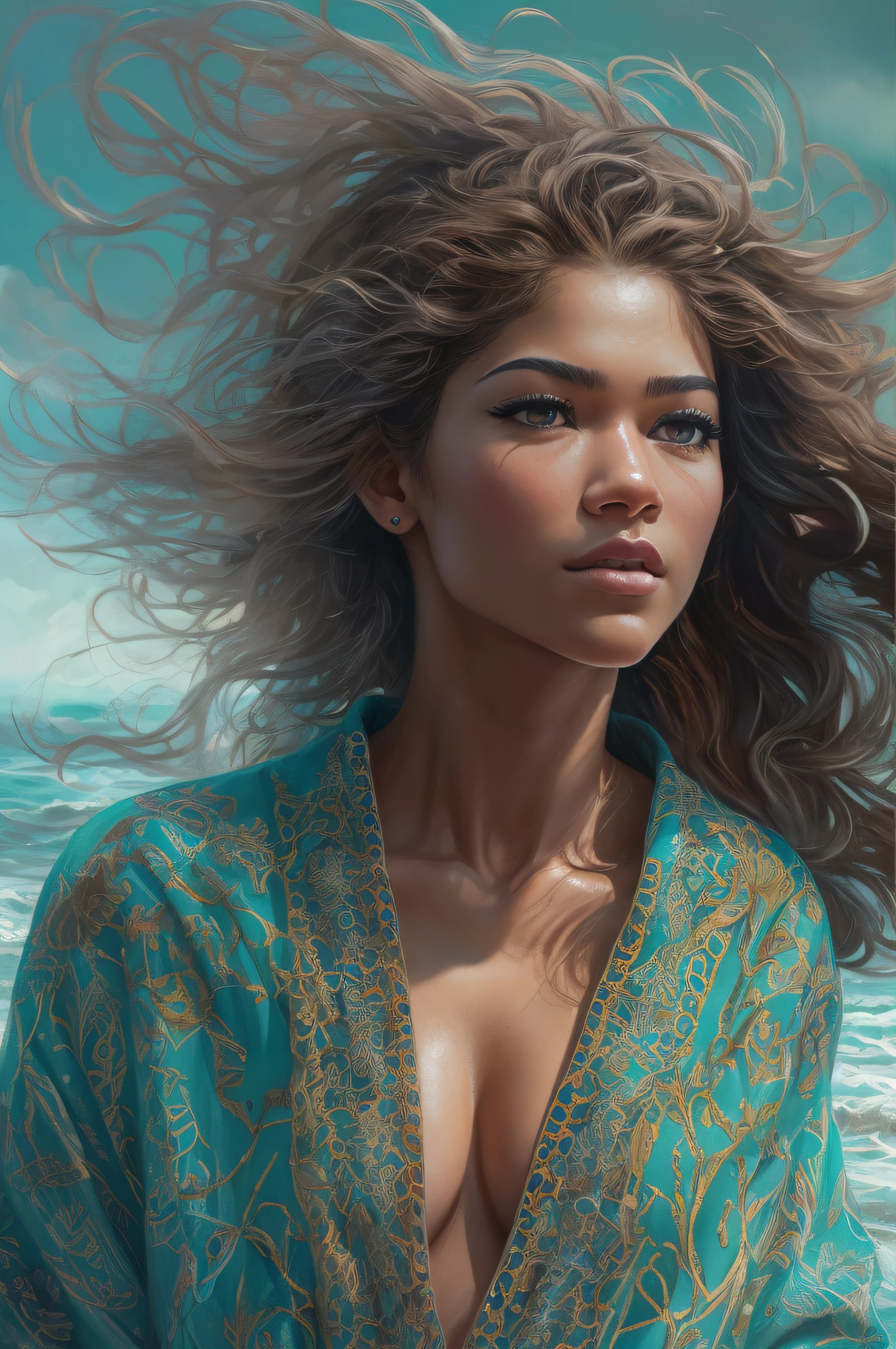 ultra realistic full body oil paint of Zendaya, a brown-haired American woman, with big knockers, in wide open ice-blue bathrobe, which flies open with the heavy wind, allowing everyone to see her beautiful muscular body. She is walking in the water on the beach, wild hair, full body, enlightenment, 4k resolution, intricately detailed, cinematic, full body, detailed symmetric eyes, intricate details, beautiful detailed intricate face, Carne Griffiths and Wadim Kashin concept art, ominous, approaching perfection, highly detailed, smooth, treding os artstation, sharp focus, digital art, perfect composition, Yabadaba, hyperdetailed painting, ISO 200, 100mm, DLSR, dynamic, light studio, vibrant, art by Alyssa Monks