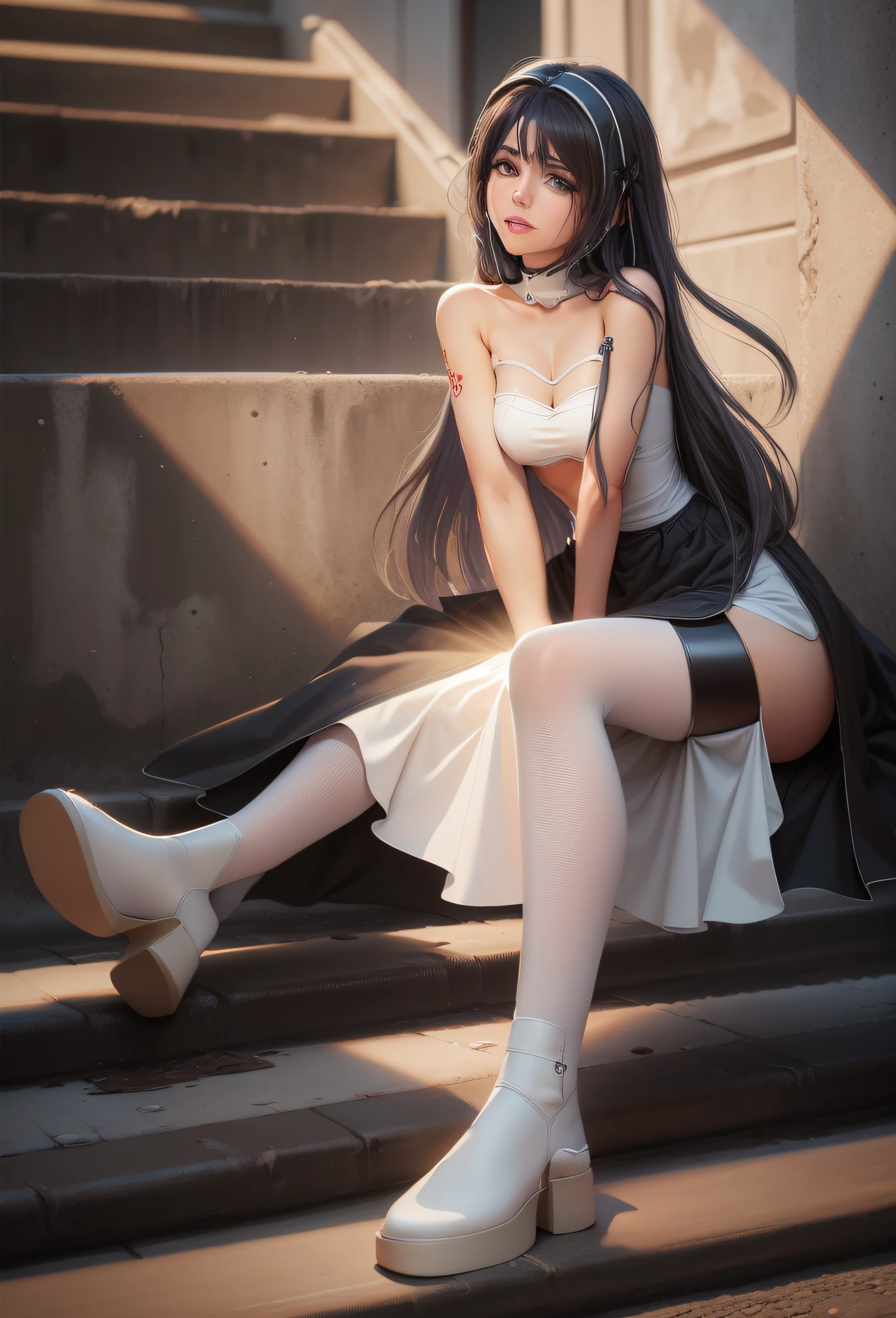 woman in white tight knee-length dress, Red eyes, blue lips, black gloves, black choker, black headband, black stockings