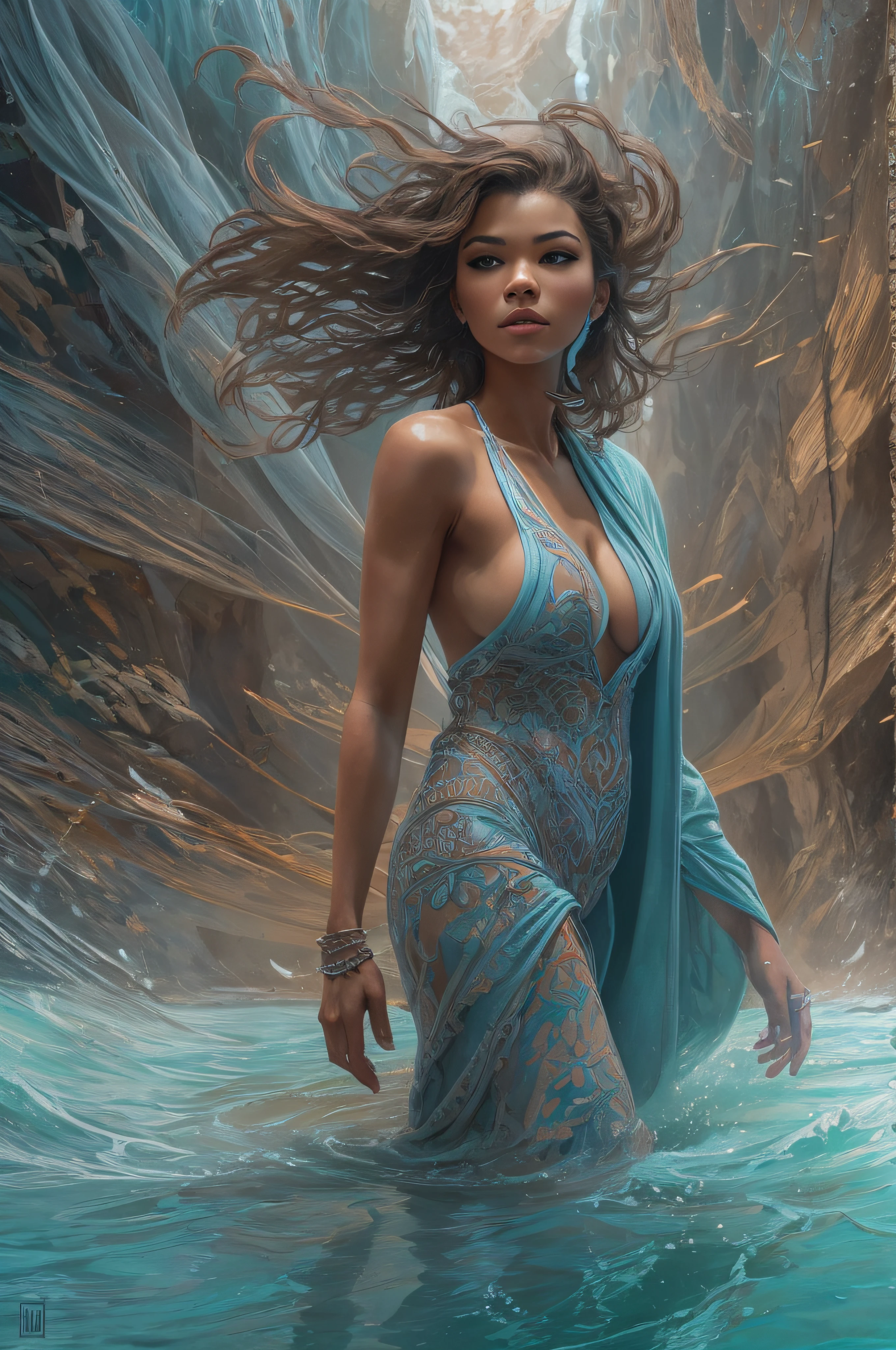 ultra realistic full body oil paint of Zendaya, a brown-haired American woman, with big knockers, in wide open ice-blue bathrobe, which flies open with the heavy wind, allowing everyone to see her beautiful muscular body. She is walking in the water on the beach, wild hair, full body, enlightenment, 4k resolution, intricately detailed, cinematic, full body, detailed symmetric eyes, intricate details, beautiful detailed intricate face, Carne Griffiths and Wadim Kashin concept art, ominous, approaching perfection, highly detailed, smooth, treding os artstation, sharp focus, digital art, perfect composition, Yabadaba, hyperdetailed painting, ISO 200, 100mm, DLSR, dynamic, light studio, vibrant, art by Alyssa Monks