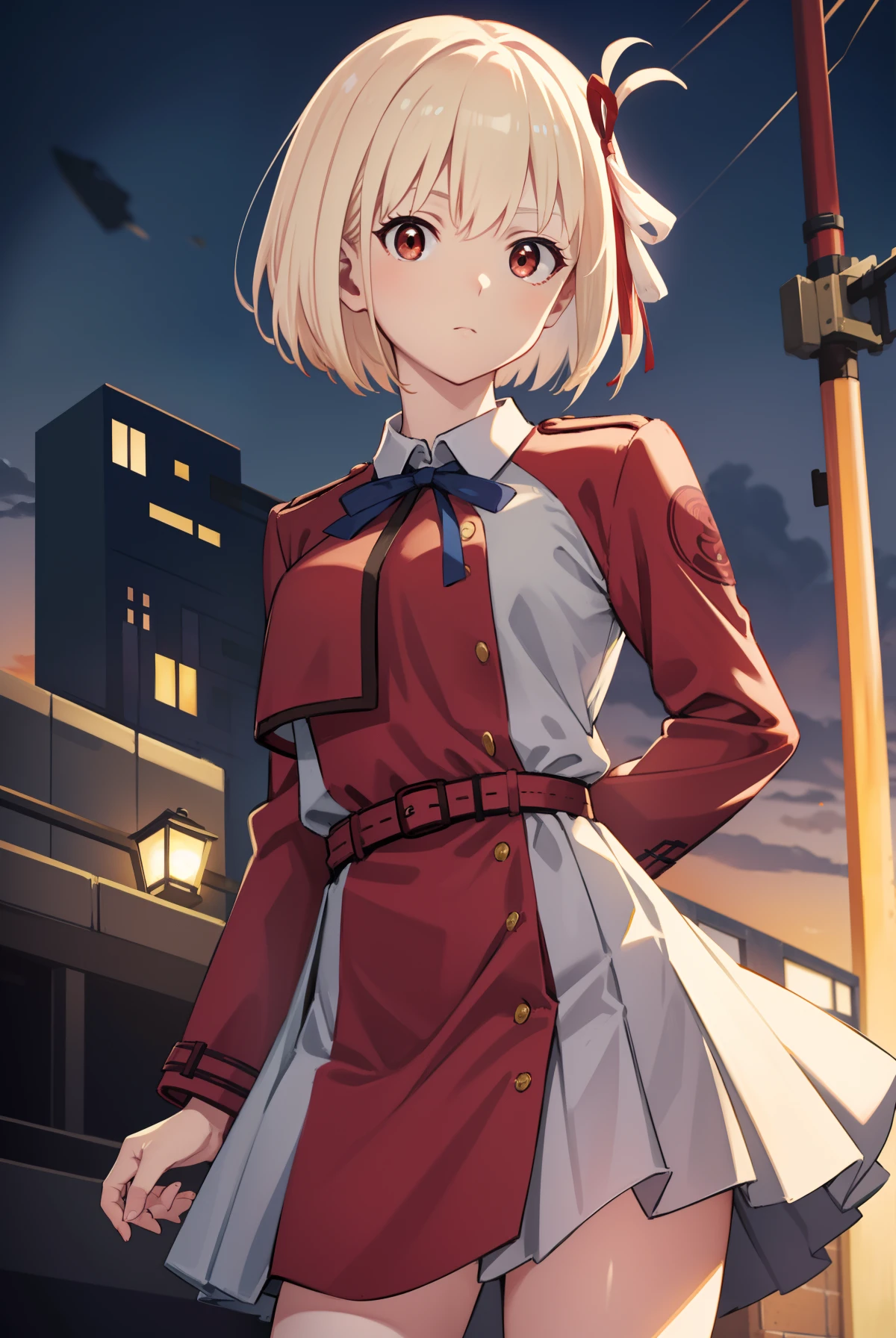 Thousands of miles of brocade, Chisato Nishiki, Short hair, bangs, Blonde hair, (Red eyes:1.5), Hair ribbon, one side up, Bob cut,
BREAK  shirt, Long sleeves, dress, ribbon, White shirt, Collared shirt, belt, Neck ribbon, Red dress, Blue ribbon, Pleated dress, grey dress, Two-tone dresses, Red belt, Lycoris Uniform,,
BREAK outdoors, City,
BREAK looking at viewer, Break (Masterpiece:1.2), Best quality, high resolution, Unity 8k wallpaper, (illustration:0.8), (Beautiful detailed eyes:1.6), Extremely detailed face, Perfect lighting, Extremely detailed CG, (Perfect hands, Perfect anatomy),